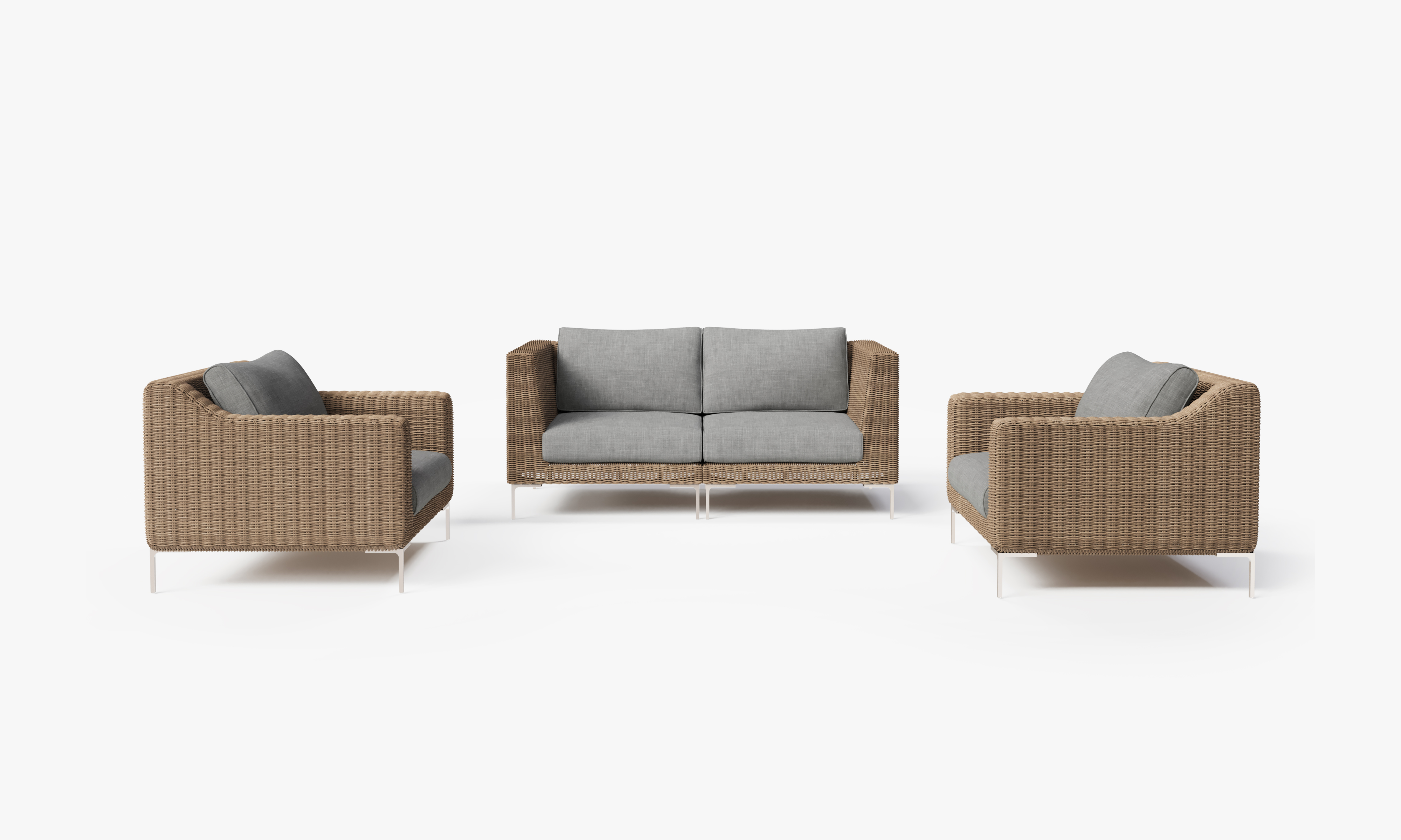Brown Wicker Outdoor Loveseat with Armchairs - 4 Seat, front. Comfortable, durable, and weather resistant outdoor seating with memory foam. #color_pacific fog gray