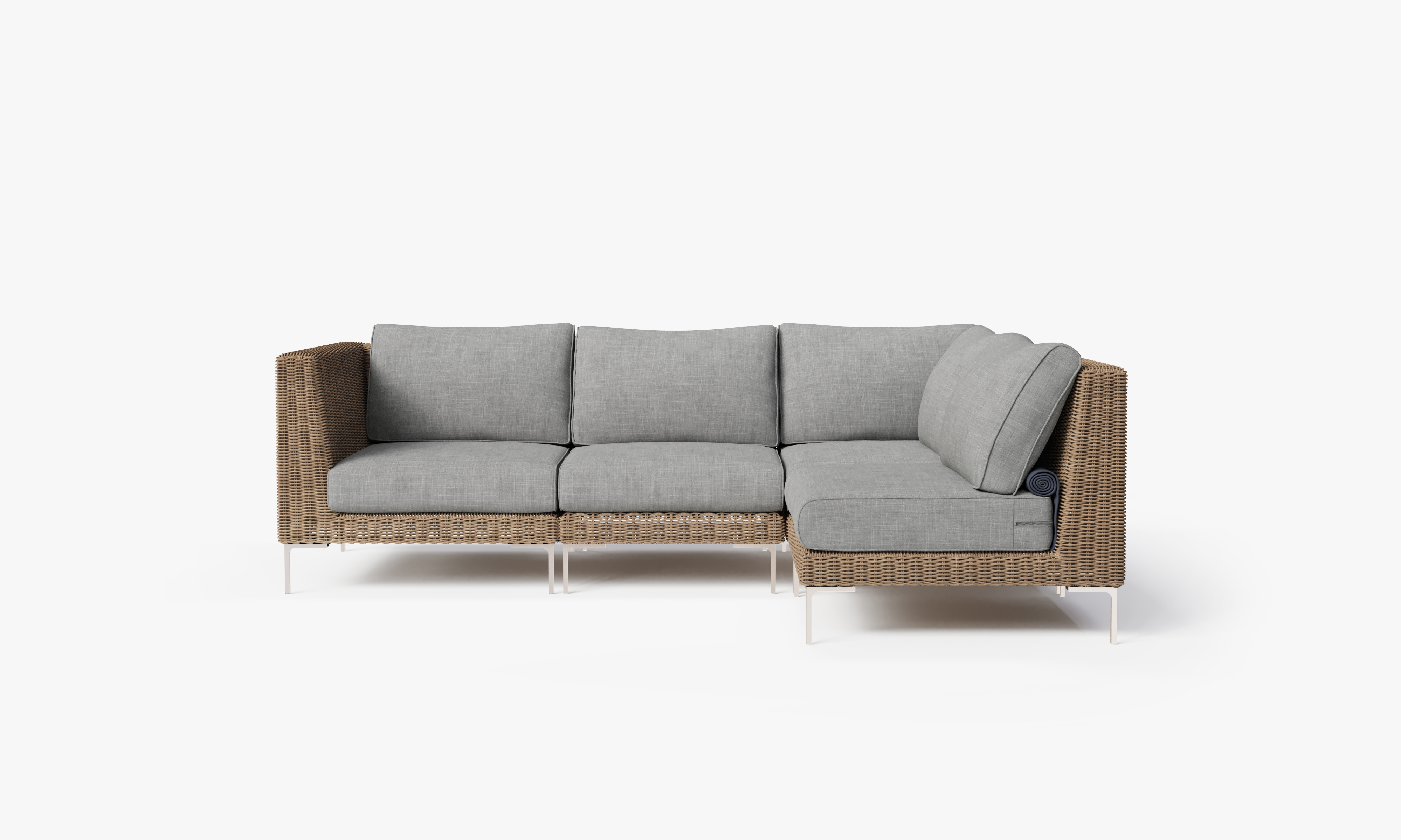 Brown Wicker Outdoor L Sectional - 4 Seat, front. Comfortable, durable, and weather resistant outdoor seating with memory foam. #size_pacific fog gray