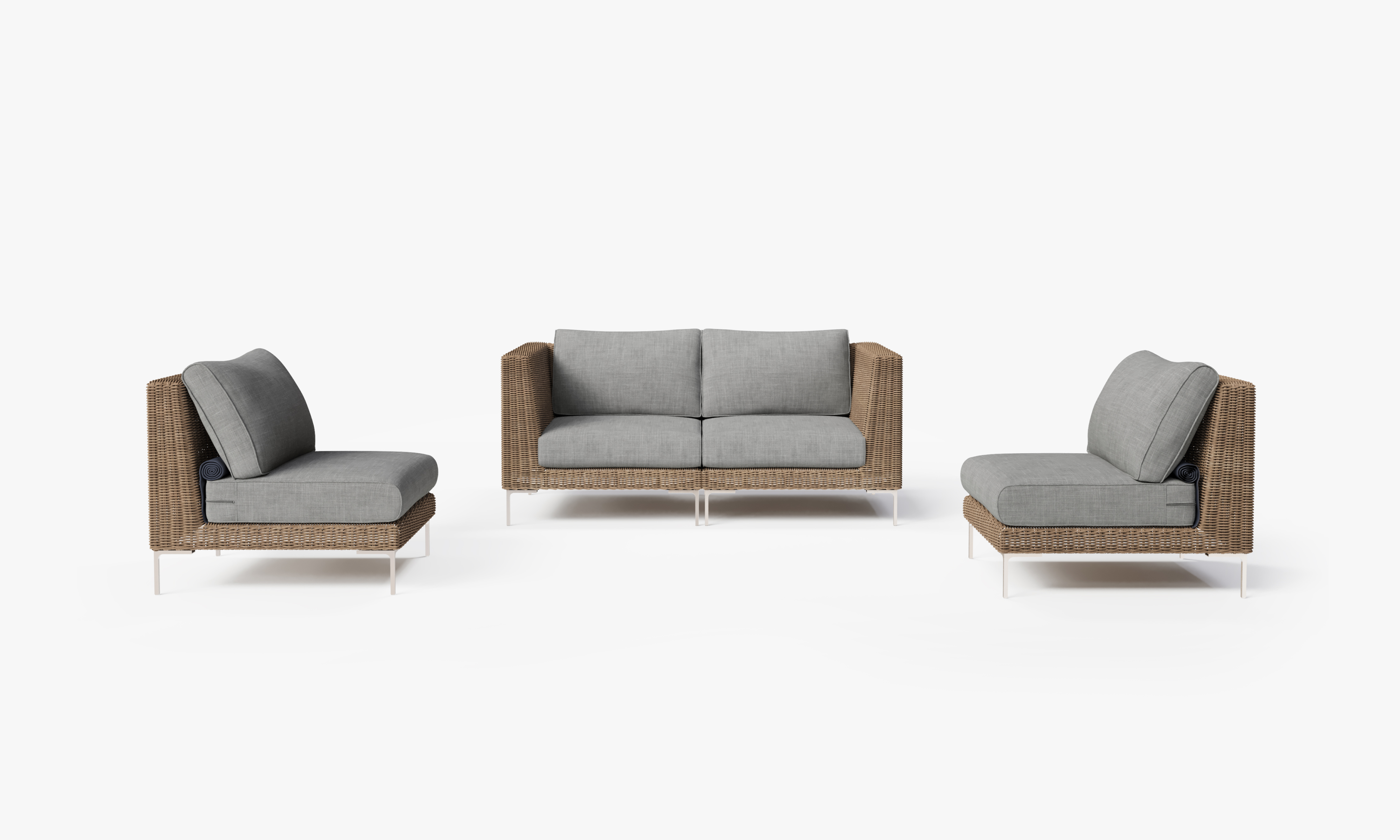 Brown Wicker Outdoor Loveseat with Armless Chairs - 4 Seat, front. Comfortable, durable, and weather resistant outdoor seating with memory foam. #cushion_color_pacific fog gray