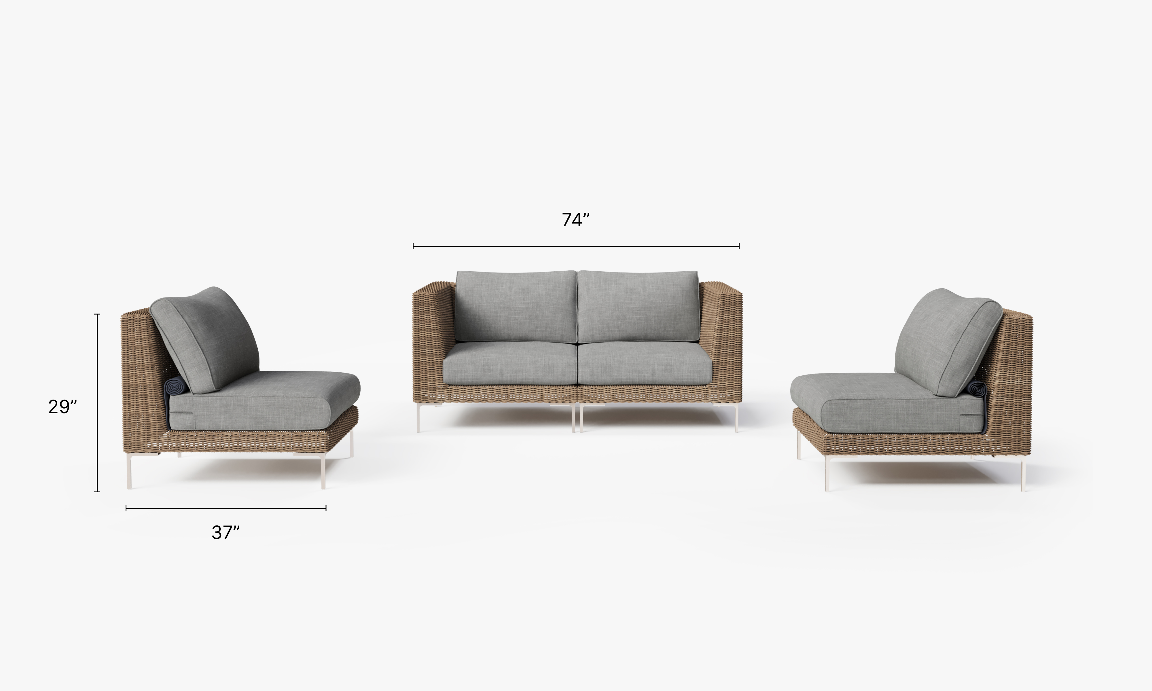 Brown Wicker Outdoor Loveseat with Armless Chairs - 4 Seat dimensions in inches, also listed under Dimensions and Weights. #color_pacific fog gray