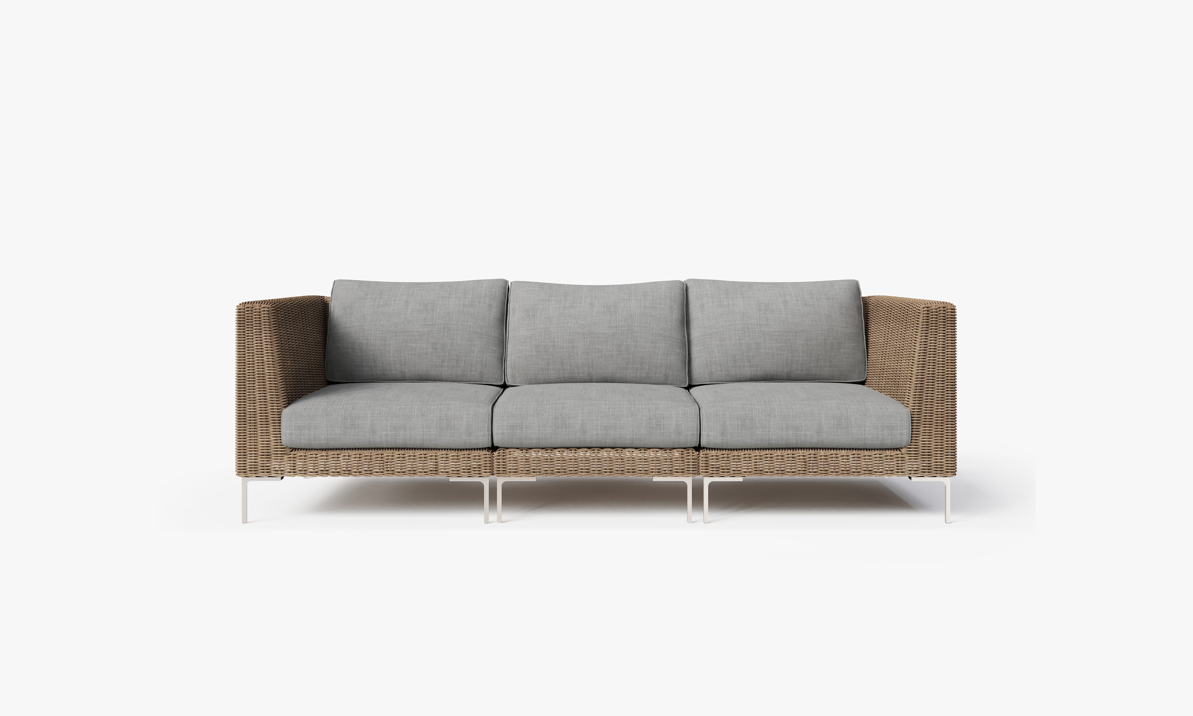 Brown Wicker Outdoor Sofa - 3 Seat, front. Comfortable, durable, and weather resistant outdoor seating with memory foam. #color_pacific fog gray