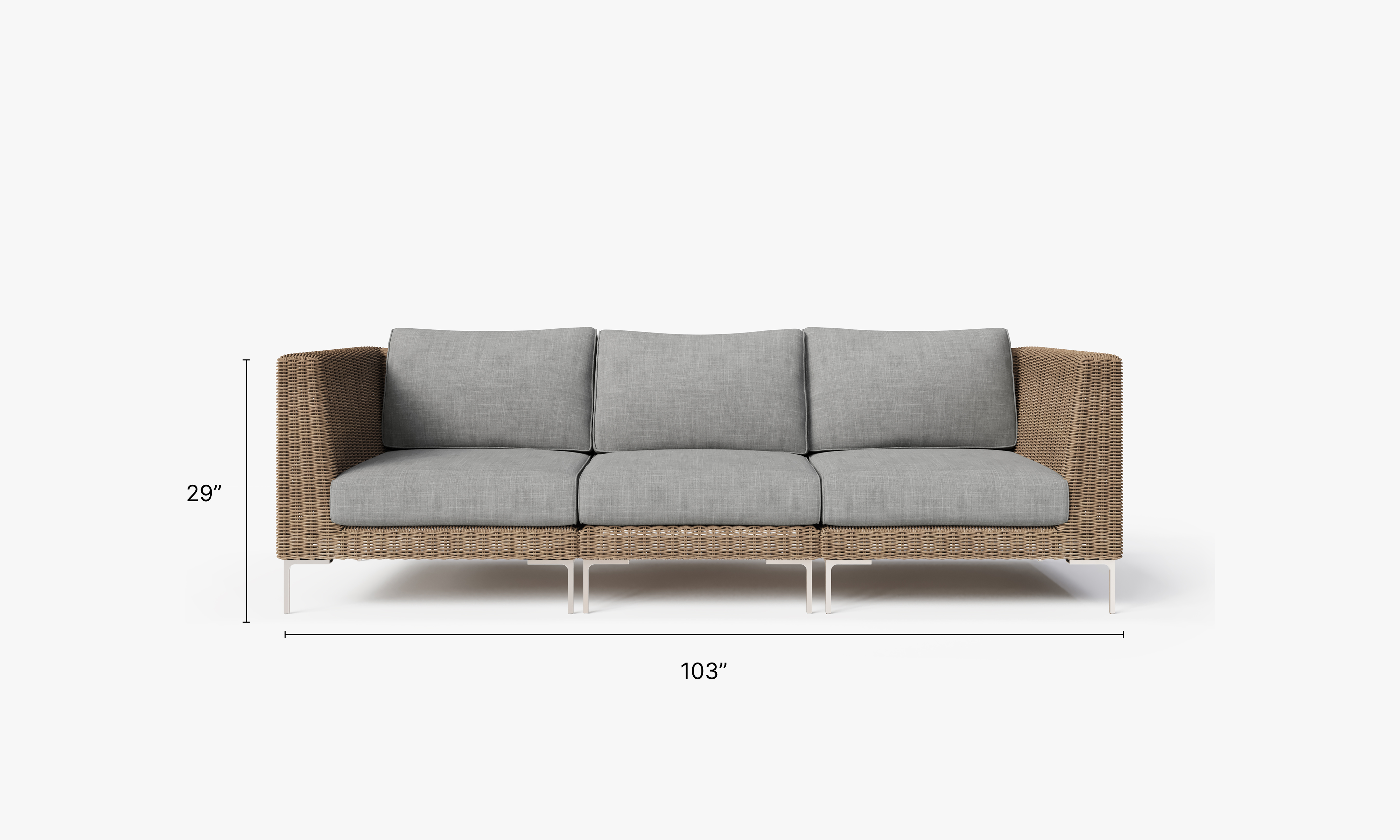Brown Wicker Outdoor Sofa - 3 Seat dimensions in inches, also listed under Dimensions and Weights. #color_pacific fog gray