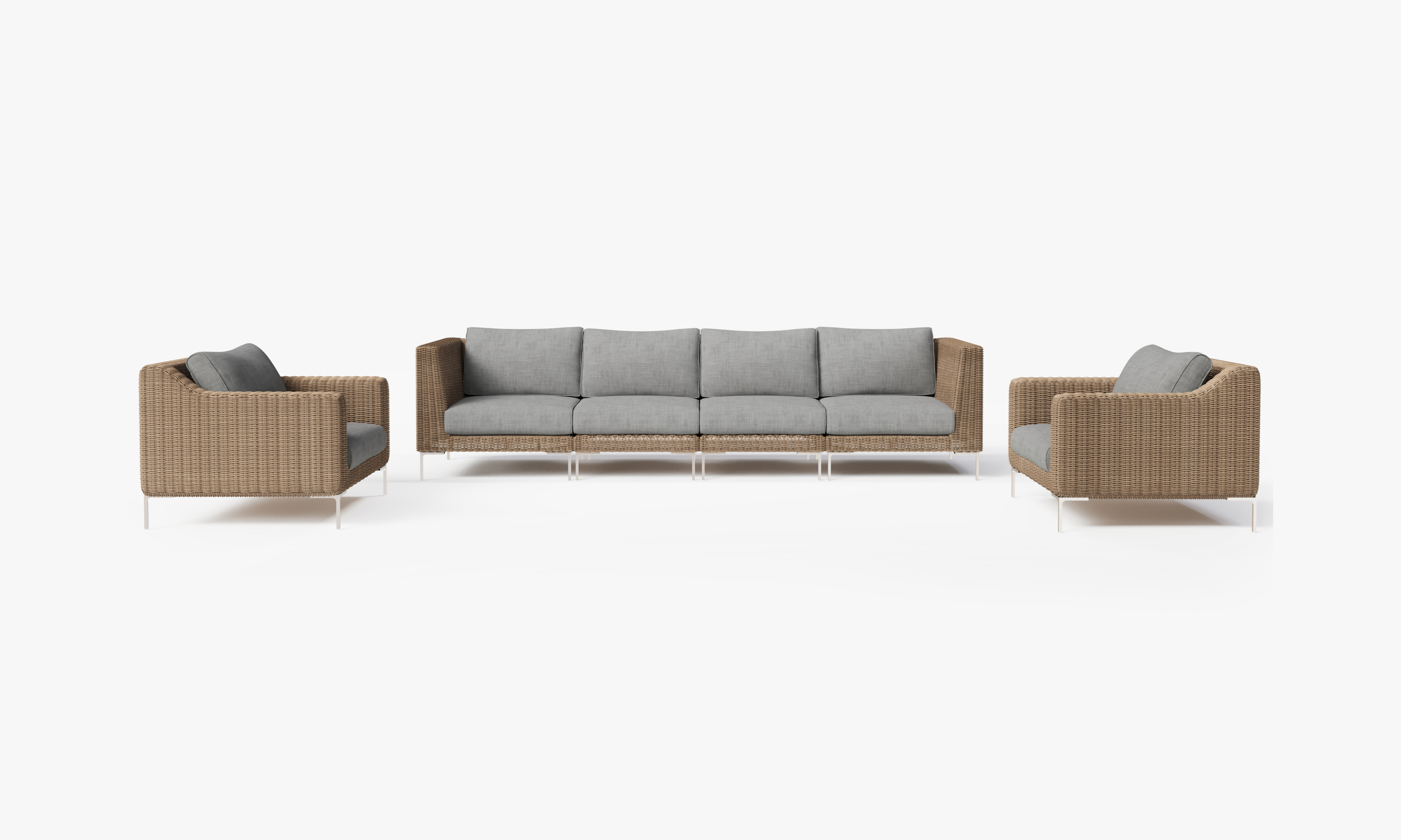 Brown Wicker Outdoor Sofa with Armchairs - 6 Seat, front. Comfortable, durable, and weather resistant outdoor seating with memory foam. #color_pacific fog gray