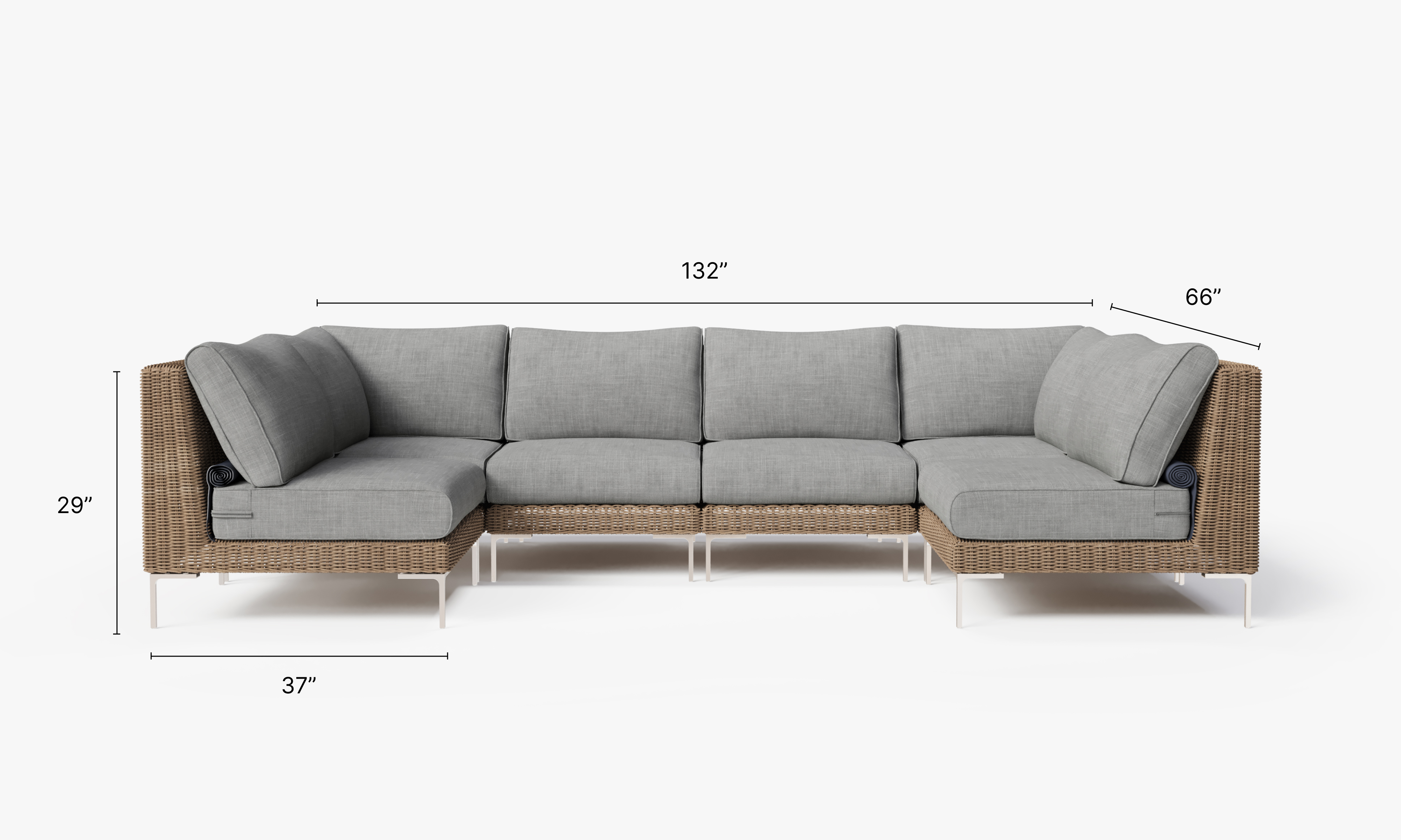 Brown Wicker Outdoor U Sectional - 6 Seat dimensions in inches, also listed under Dimensions and Weights. #color_pacific fog gray