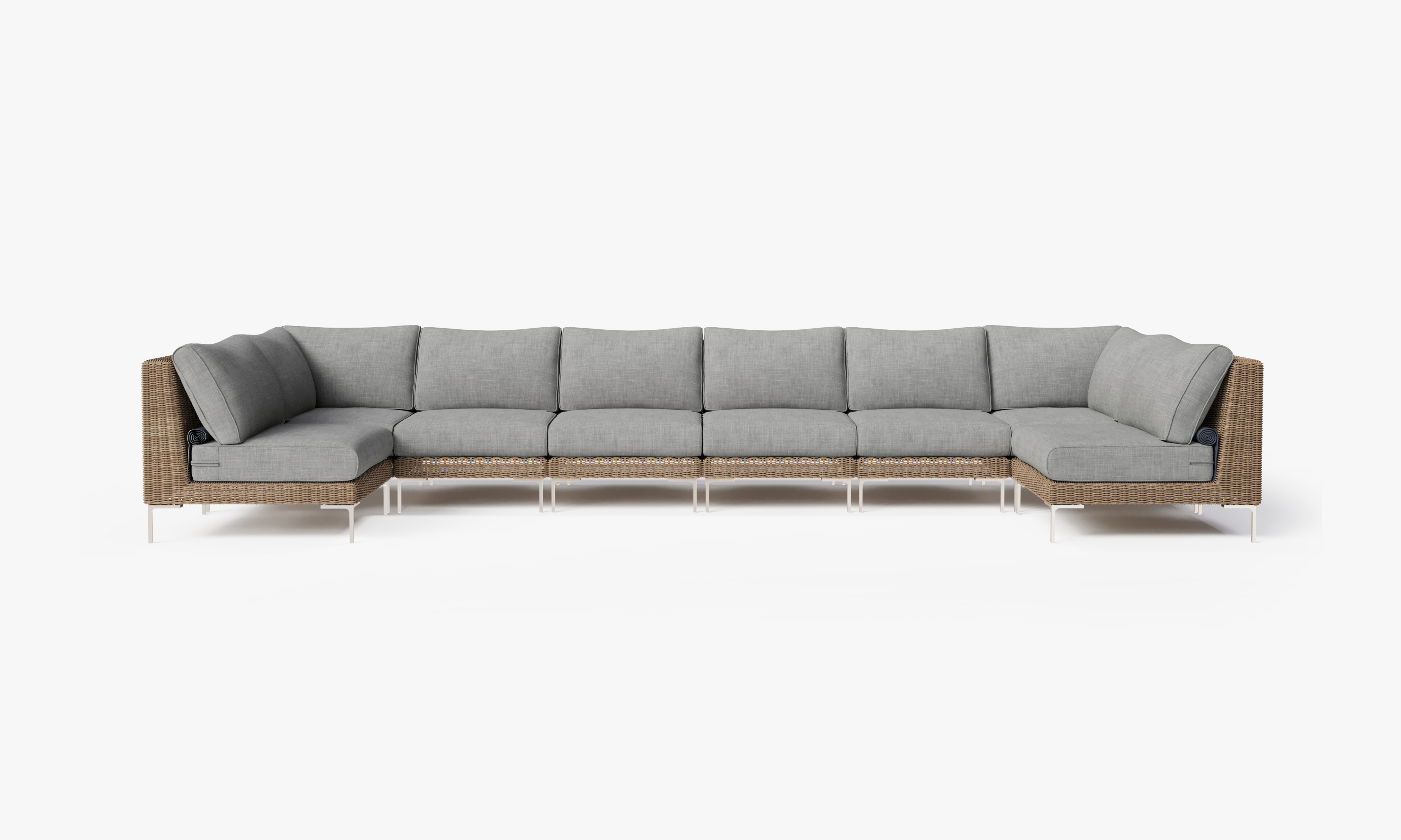 Brown Wicker Outdoor U Sectional - 8 Seat, front. Comfortable, durable, and weather resistant outdoor seating with memory foam. #color_pacific fog gray