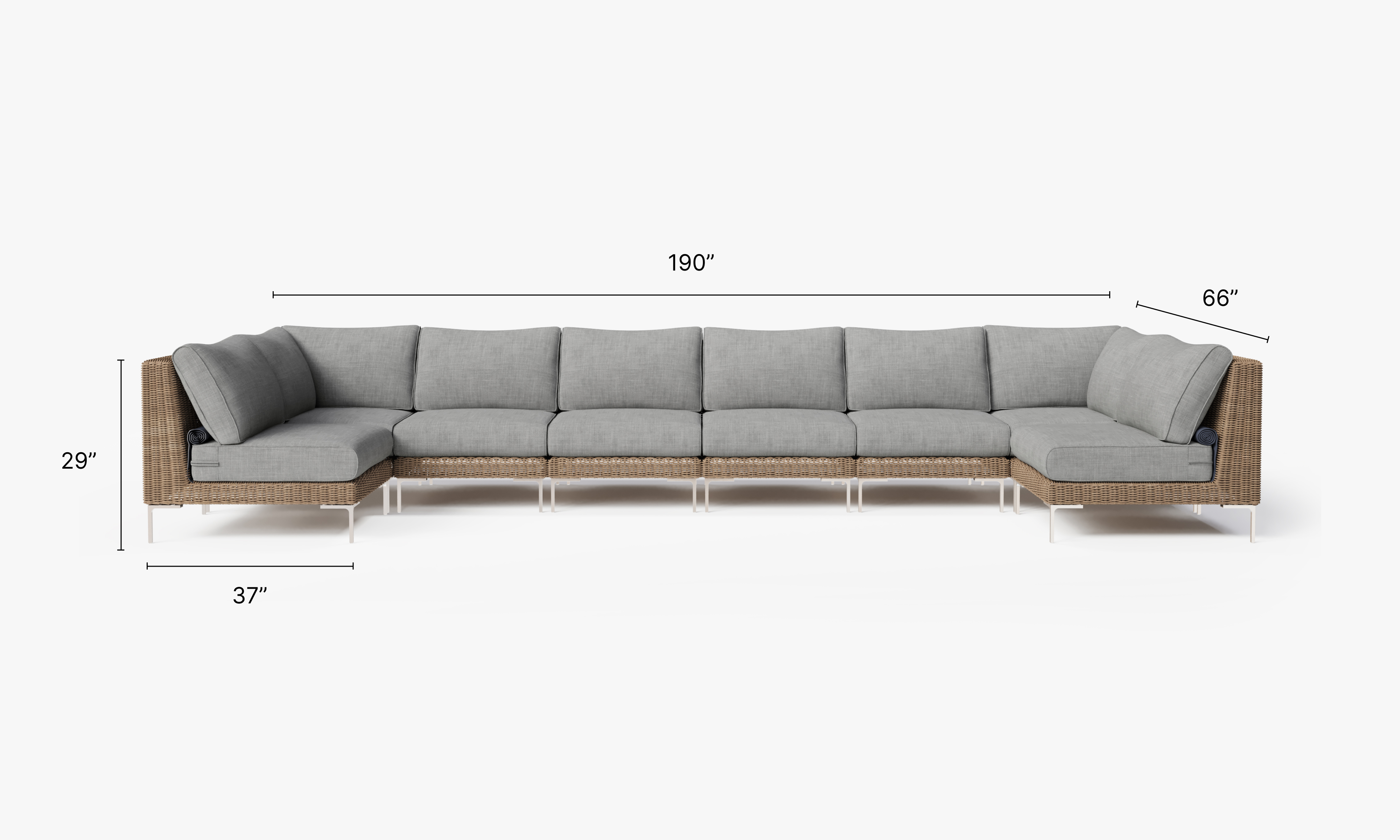 Brown Wicker Outdoor U Sectional - 8 Seat dimensions in inches, also listed under Dimensions and Weights. #color_pacific fog gray