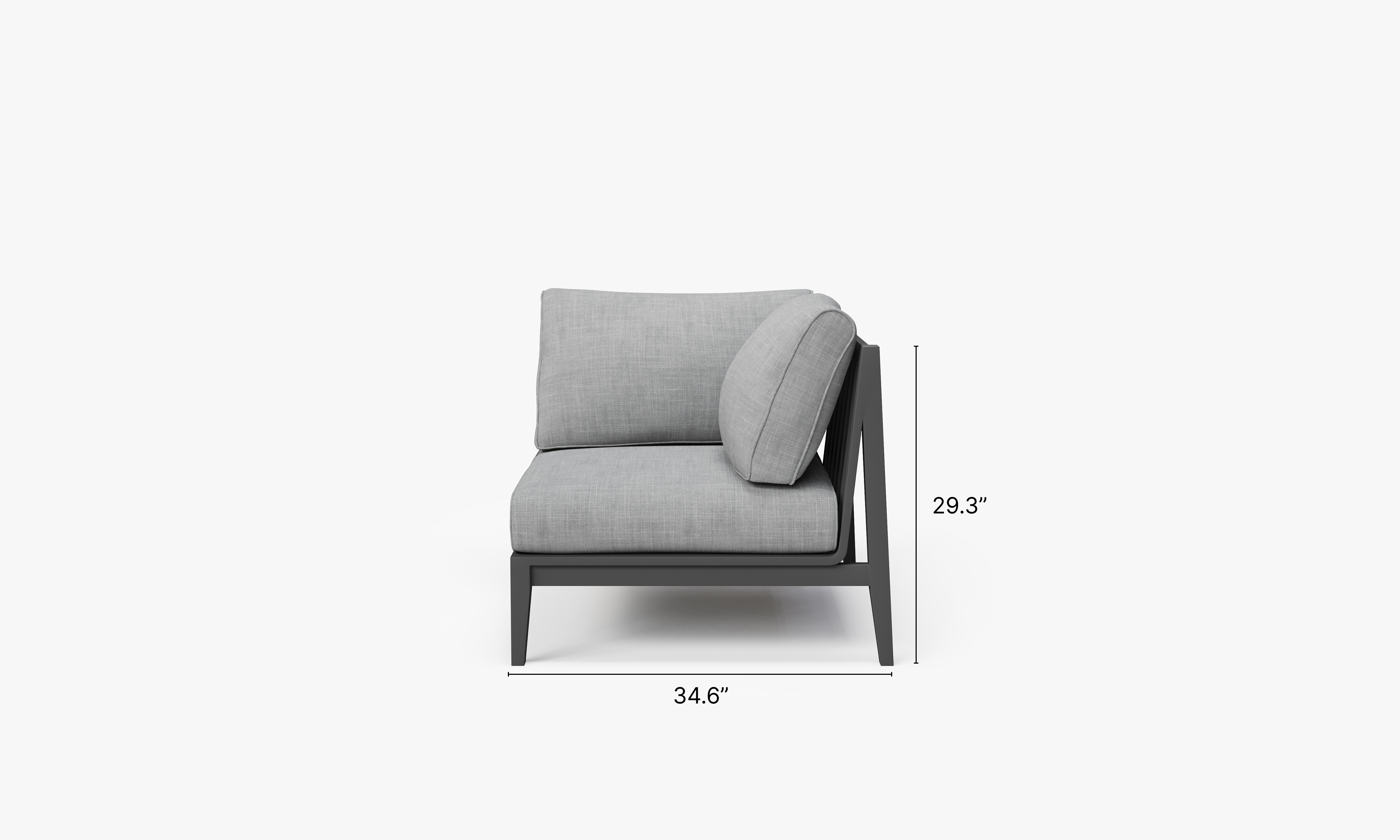 Charcoal Aluminum Outdoor Corner Chair - Left dimensions in inches, also listed under Dimensions and Weights. #color_pacific fog gray