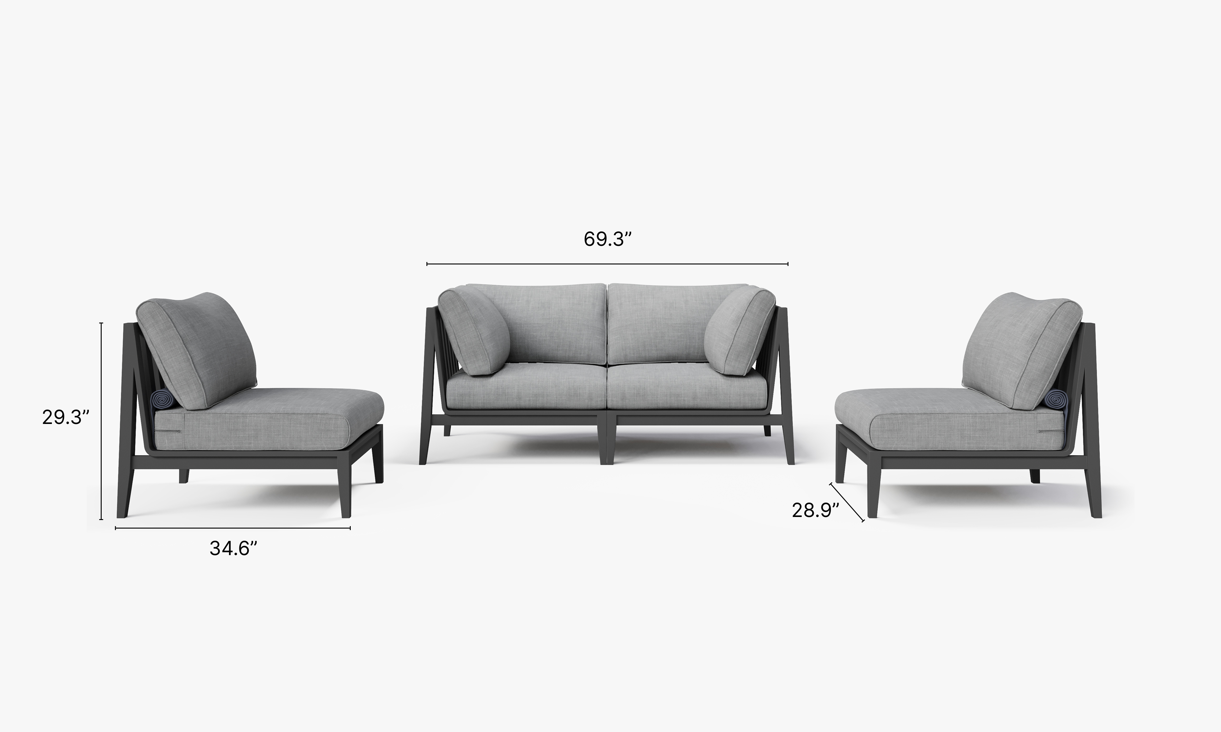 Charcoal Aluminum Outdoor Loveseat with Armless Chairs - 4 Seat dimensions in inches, also listed under Dimensions and Weights. #color_pacific fog gray