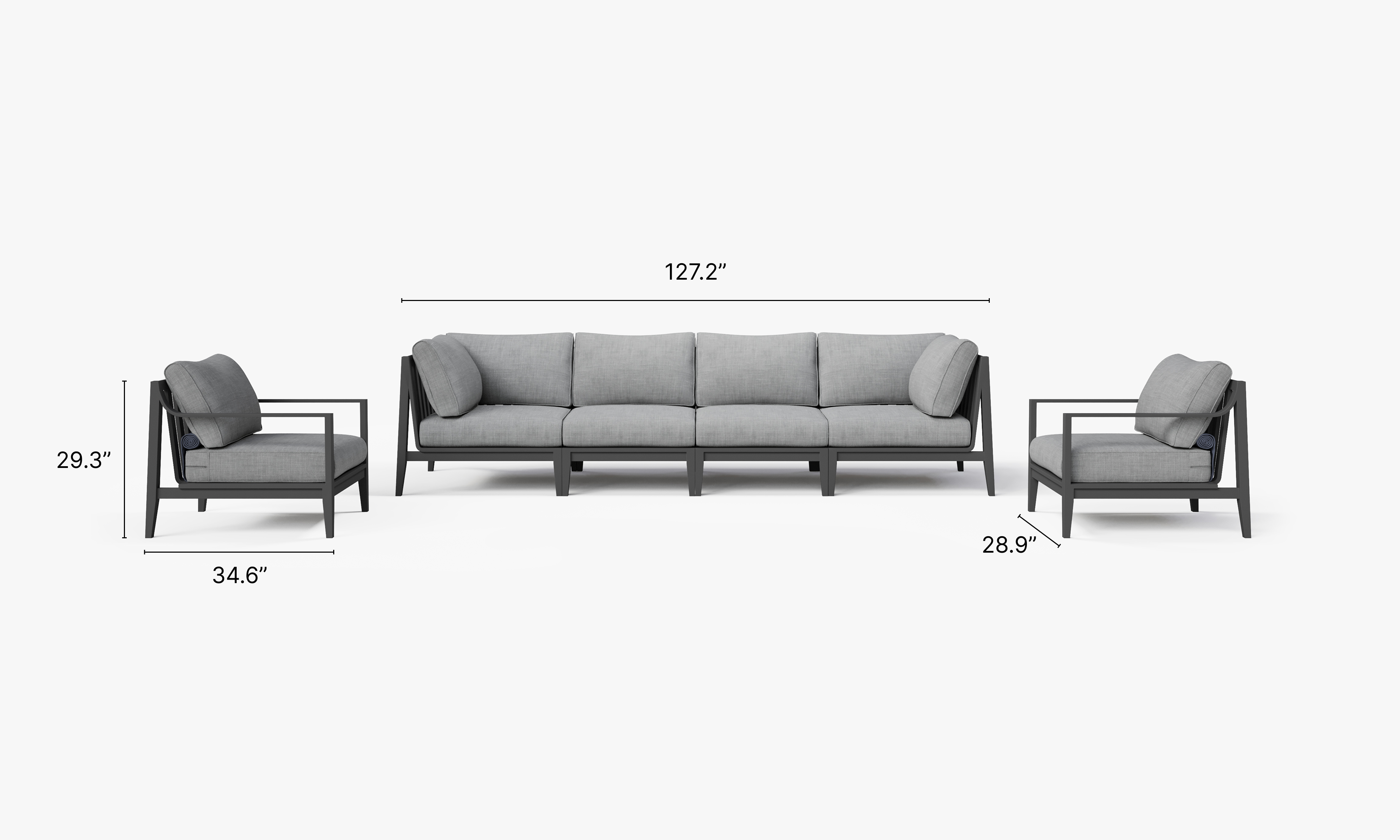Charcoal Aluminum Outdoor Sofa with Armchairs - 6 Seat dimensions in inches, also listed under Dimensions and Weights. #color_pacific fog gray
