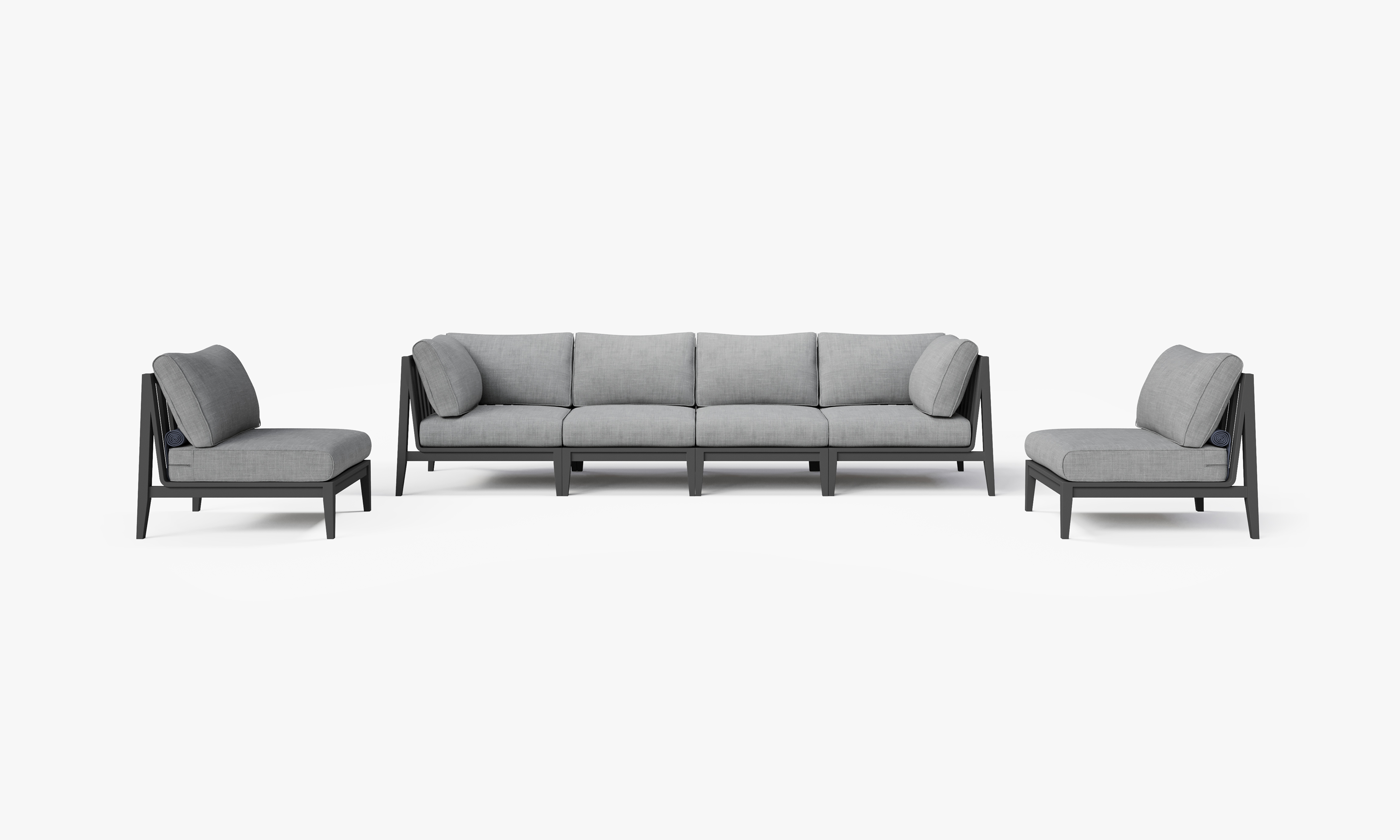 Charcoal Aluminum Outdoor Sofa with Armless Chairs - 6 Seat, front. Comfortable, durable, and weather resistant outdoor seating with memory foam. #color_pacific fog gray