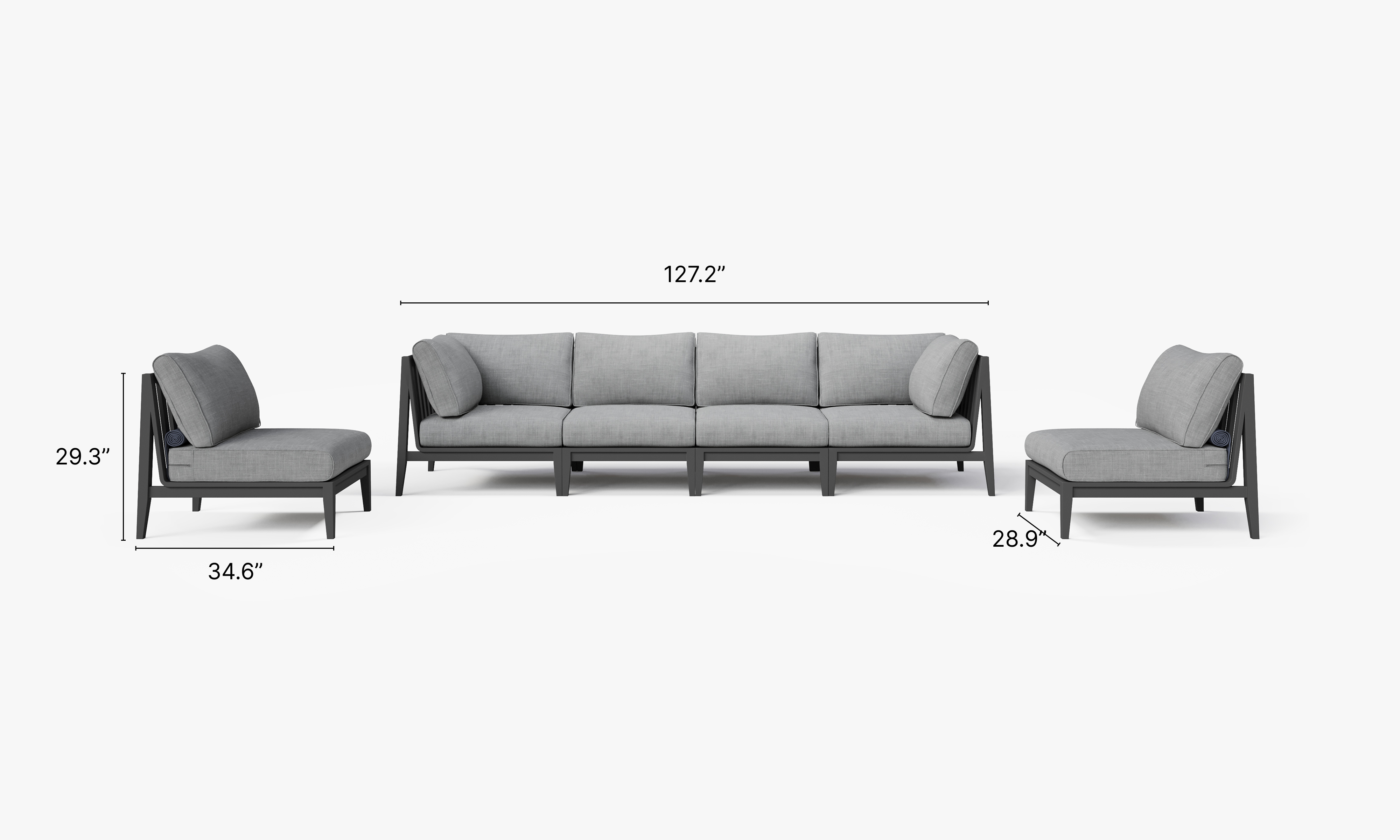 Charcoal Aluminum Outdoor Sofa with Armless Chairs - 6 Seat dimensions in inches, also listed under Dimensions and Weights. #color_pacific fog gray