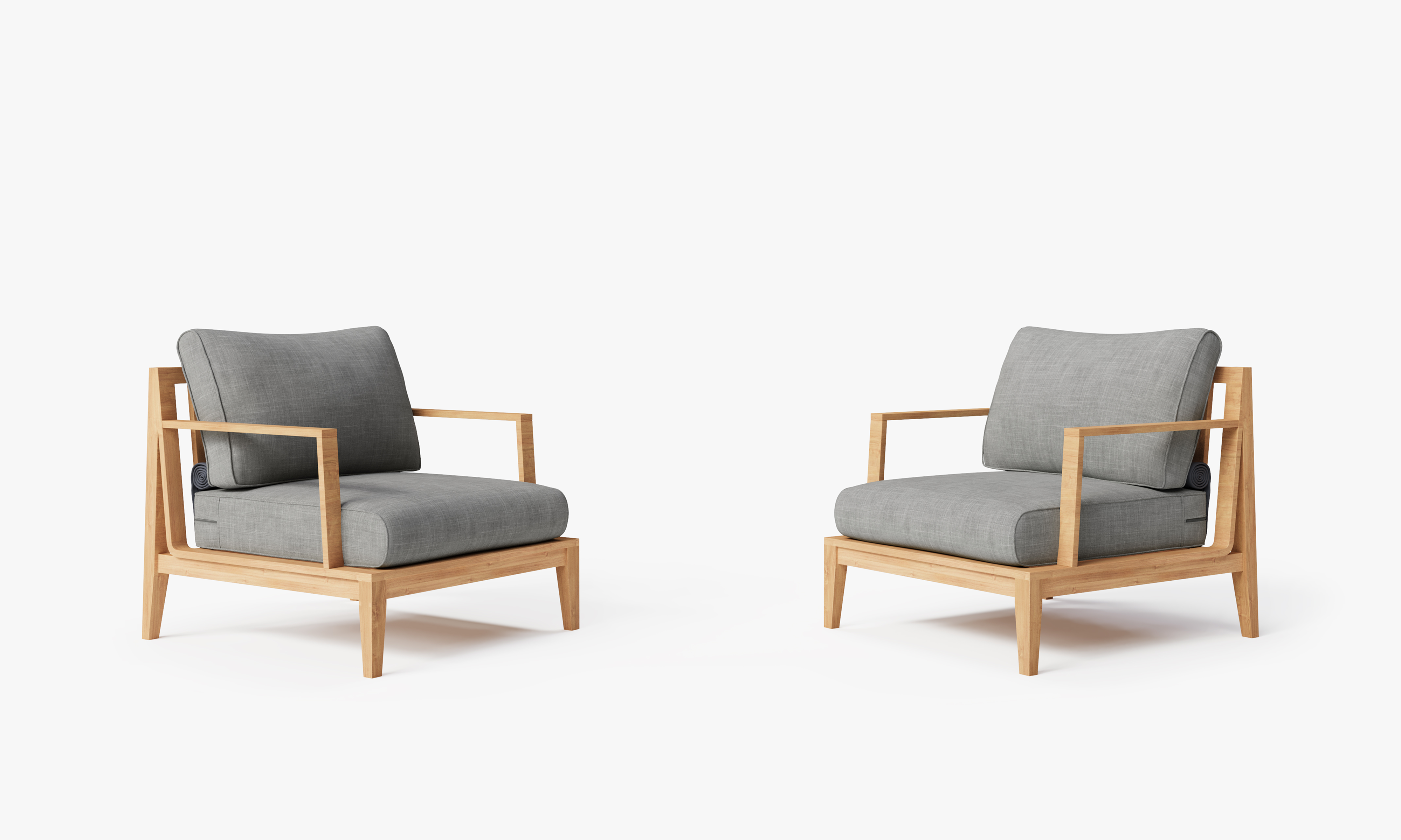 Teak outdoor sofa and armchair conversation set with gray cushions arranged on a wooden deck, creating a cozy seating area for outdoor relaxation.-teak outdoor sofa-outer #color_pacific fog gray