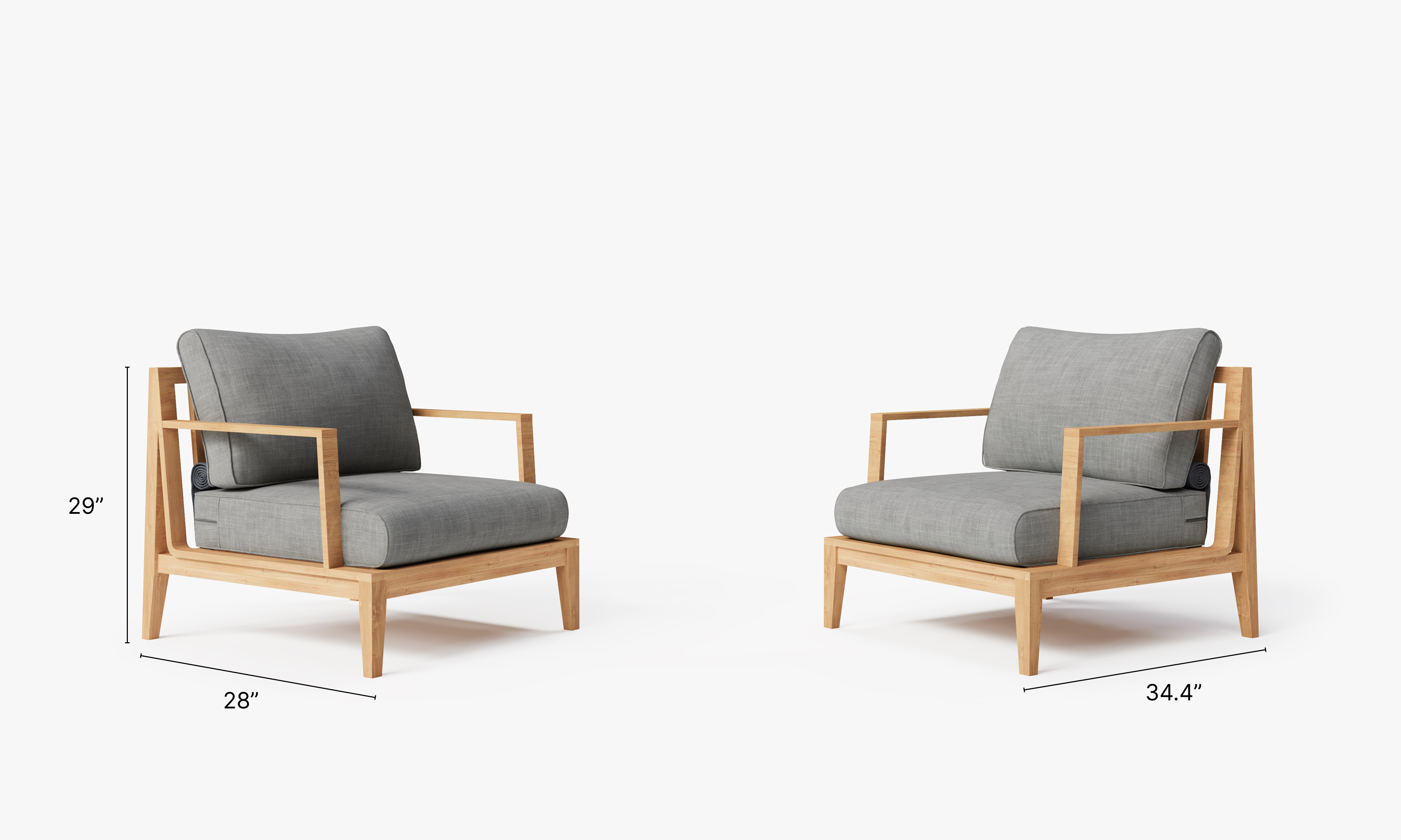 Teak outdoor sofa and armchair conversation set arranged on a patio, featuring gray cushions and a modern, minimalist design.-teak outdoor sofa-outer #color_pacific fog gray