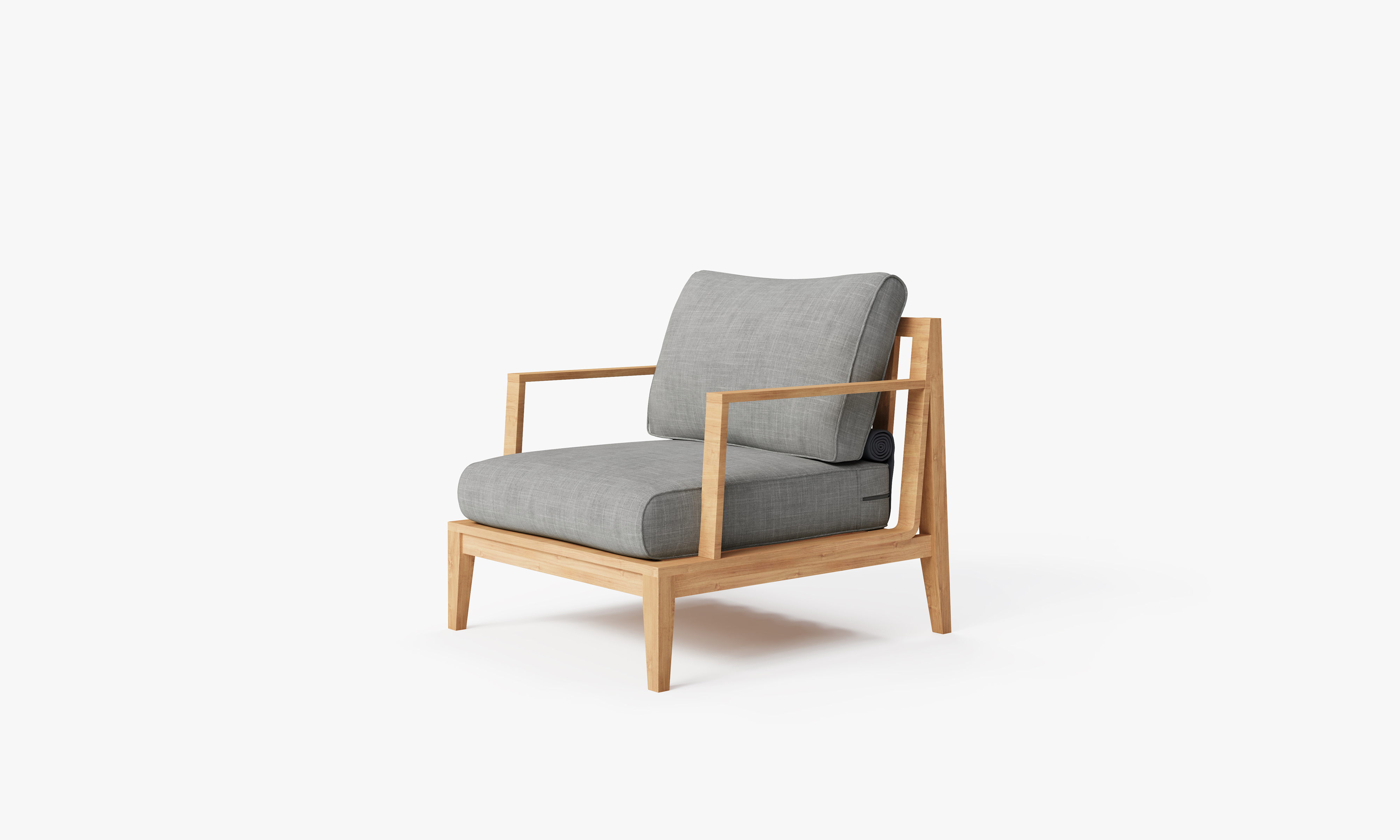 Teak outdoor sofa and armchair conversation set with gray cushions arranged on a wooden deck, creating a cozy seating area for outdoor relaxation.-teak outdoor sofa-outer #color_pacific fog gray