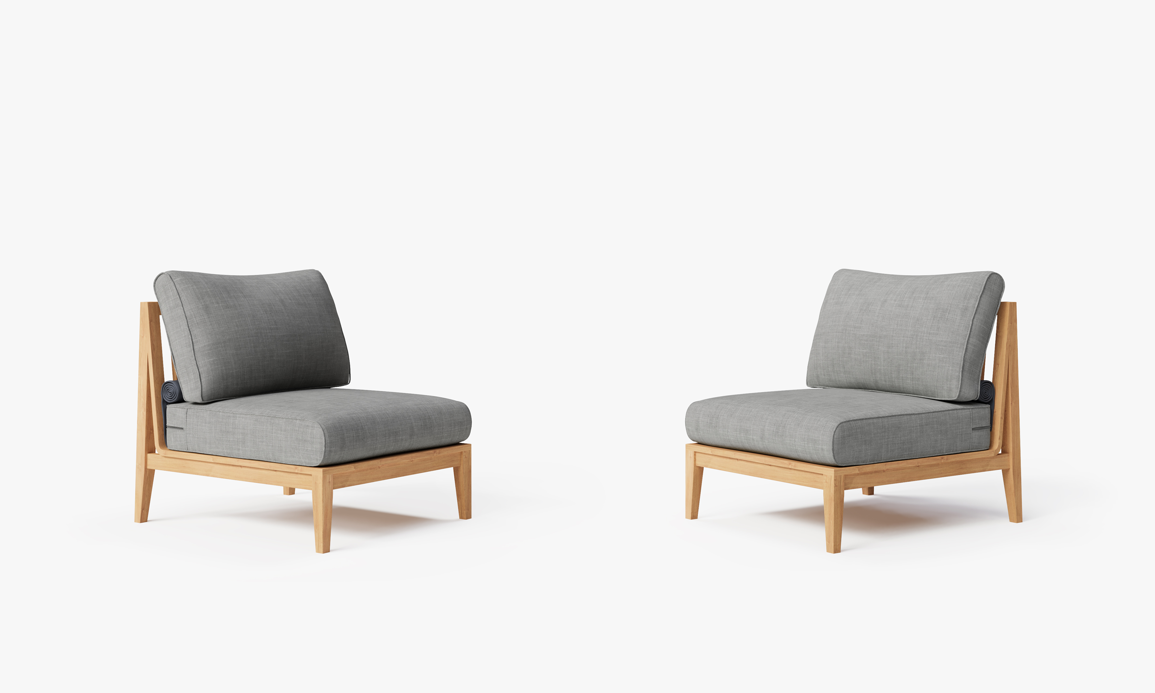 Teak outdoor armless chair and sofa set arranged for conversation, featuring gray cushions and a minimalist design.-teak outdoor sofa-outer #color_pacific fog gray