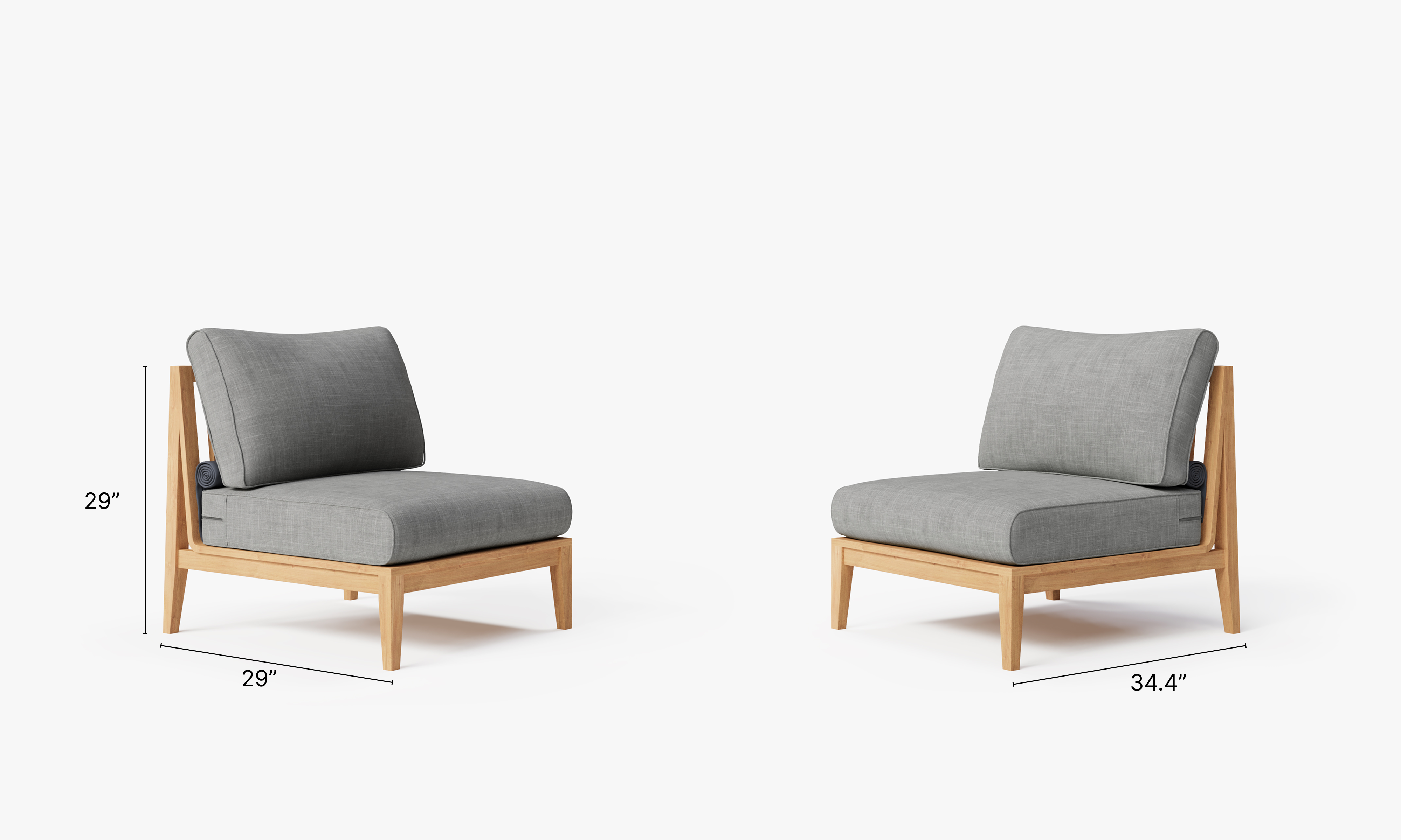 Teak outdoor sofa and armless chair arranged for conversation on a wooden deck with white cushions and a small white side table.-teak outdoor sofa-outer #color_pacific fog gray