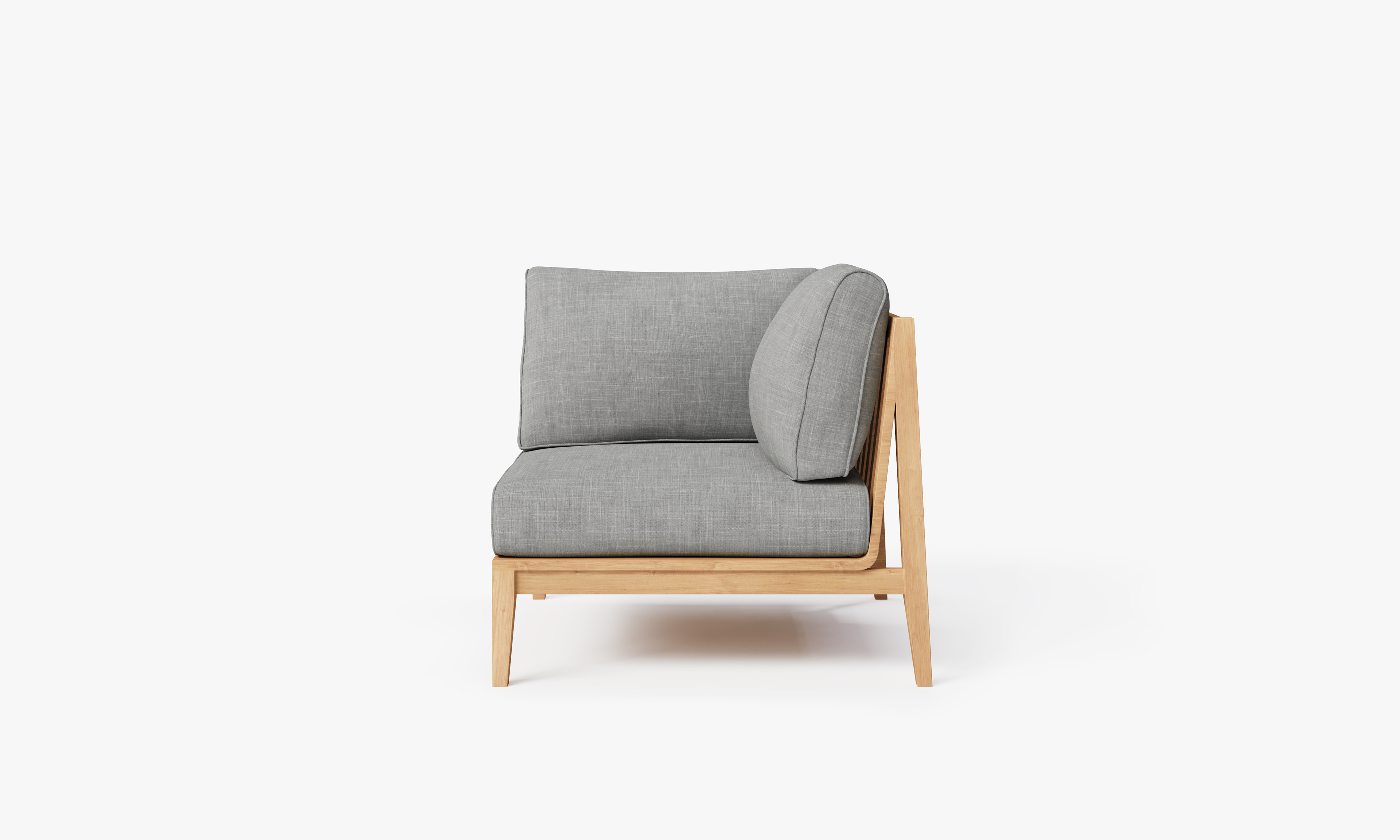 Teak outdoor corner sofa with a left-side chair featuring gray cushions and a sturdy wooden frame.-teak outdoor sofa-outer #size_pacific fog gray