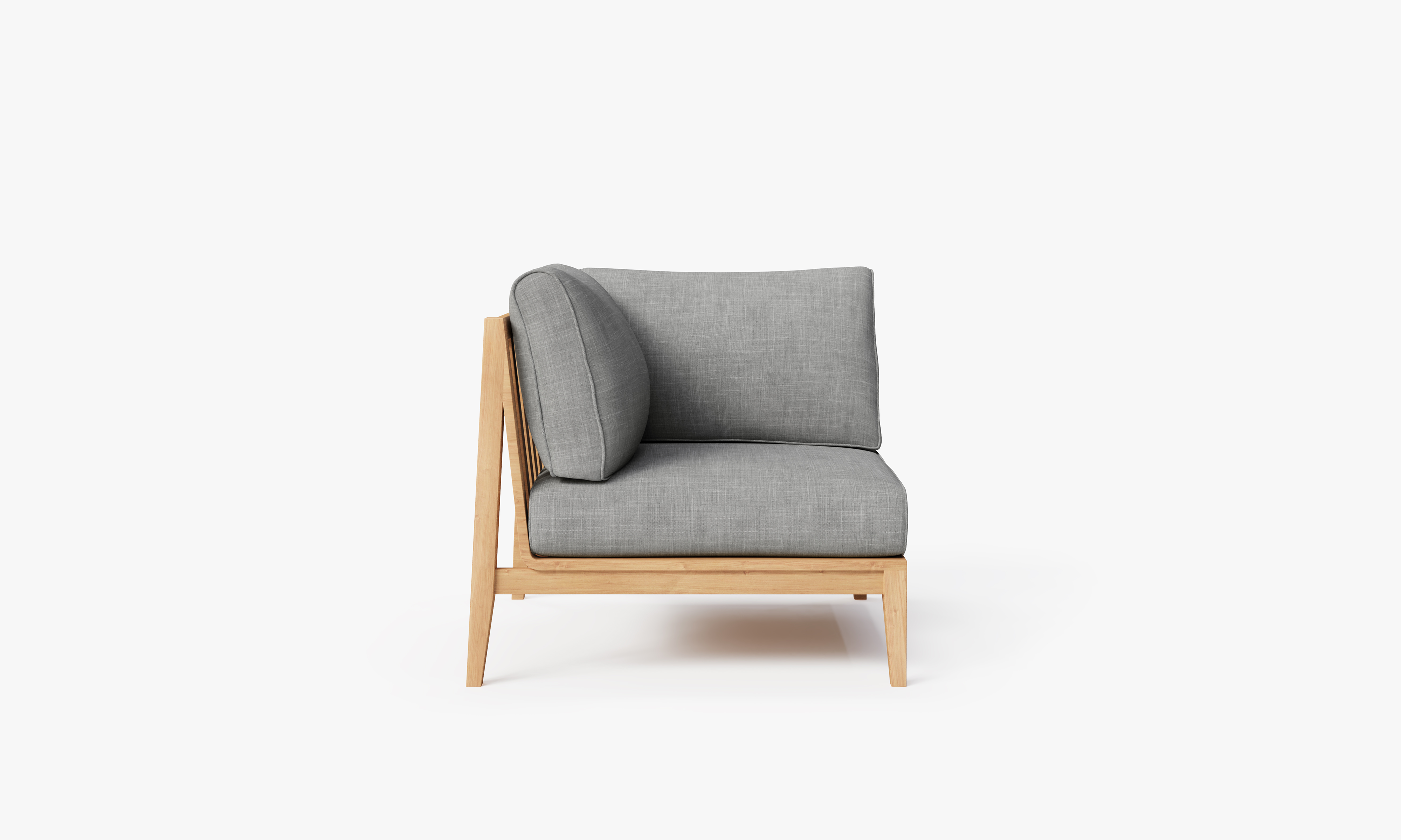 Teak outdoor corner sofa with gray cushions, featuring a right-side chair and clean, modern design.-teak outdoor sofa-outer #size_pacific fog gray