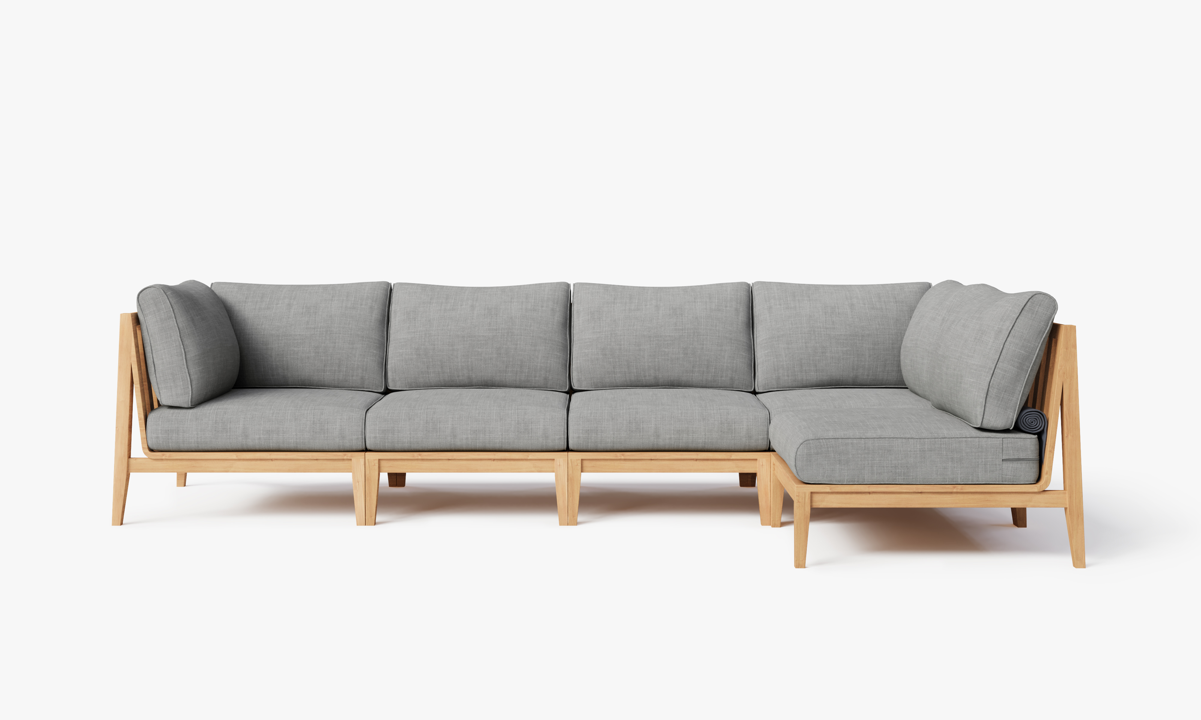 Teak outdoor L sectional sofa with 5 gray cushioned seats arranged in an inviting patio setting.-teak outdoor sofa-outer #size_pacific fog gray