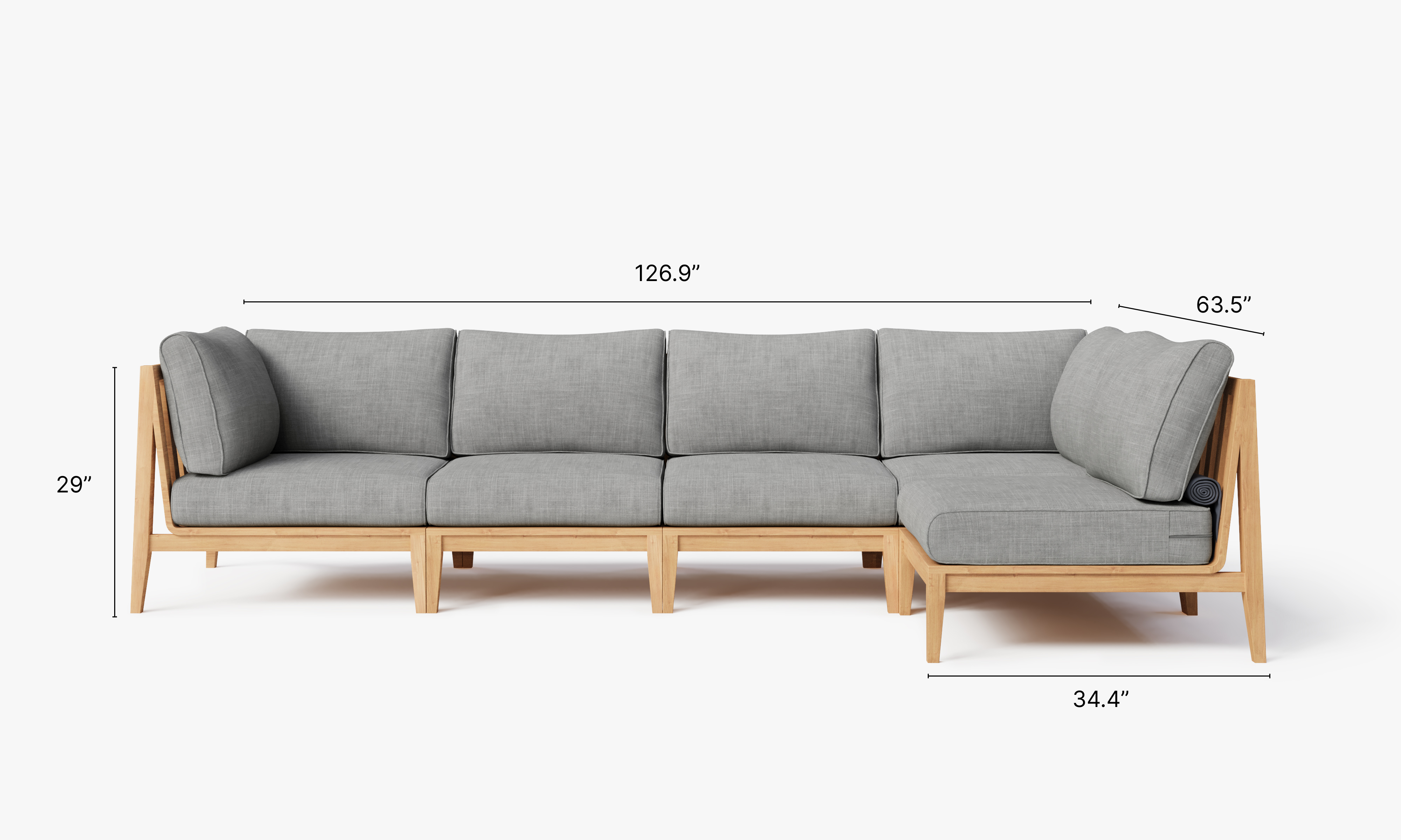 Teak outdoor sofa featuring a 5-seat L-shaped sectional design with white aluminum frame and gray cushions.-teak outdoor sofa-outer #color_pacific fog gray