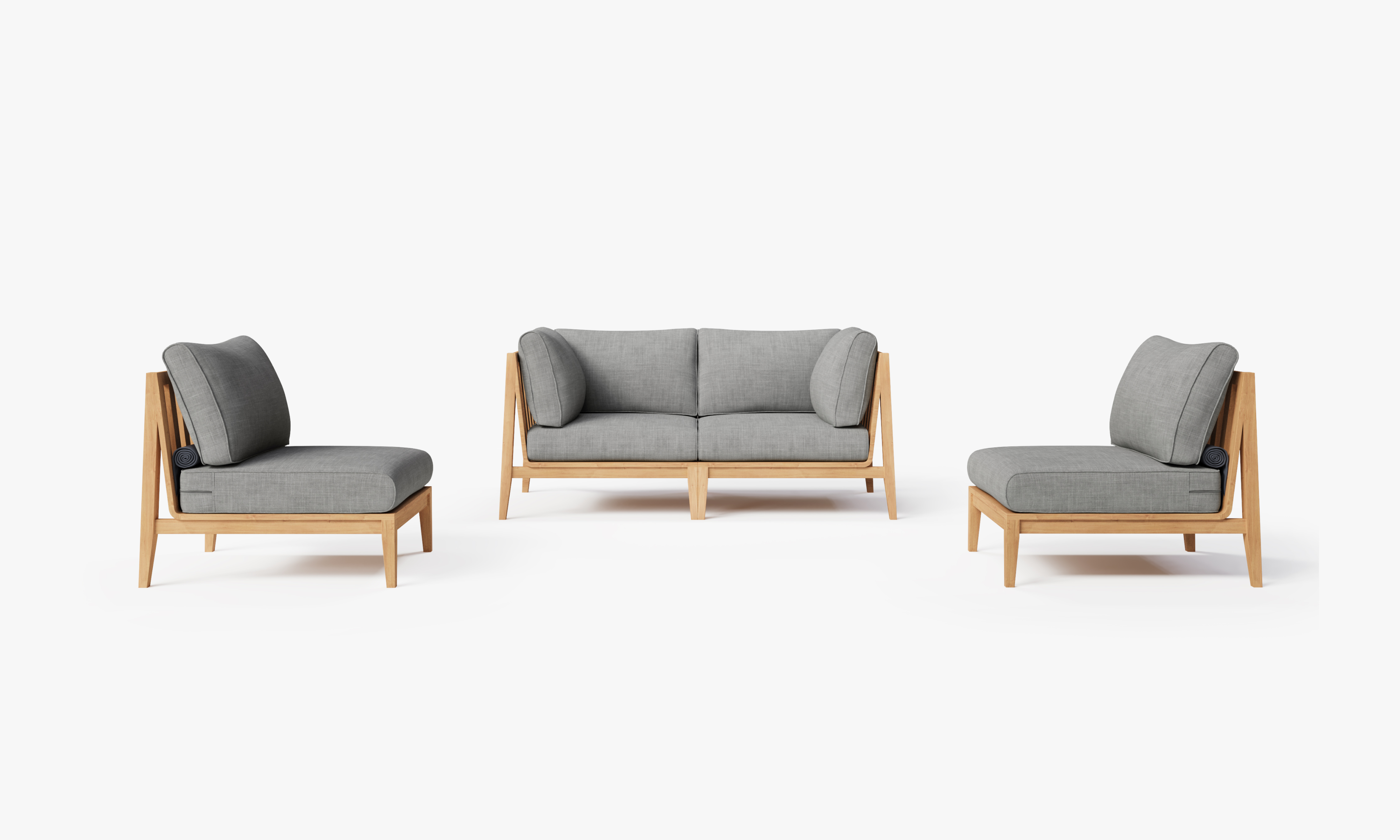 Teak outdoor loveseat with armless chairs, featuring gray cushions and a sturdy wooden frame, arranged on a patio.-teak outdoor sofa-outer #color_pacific fog gray