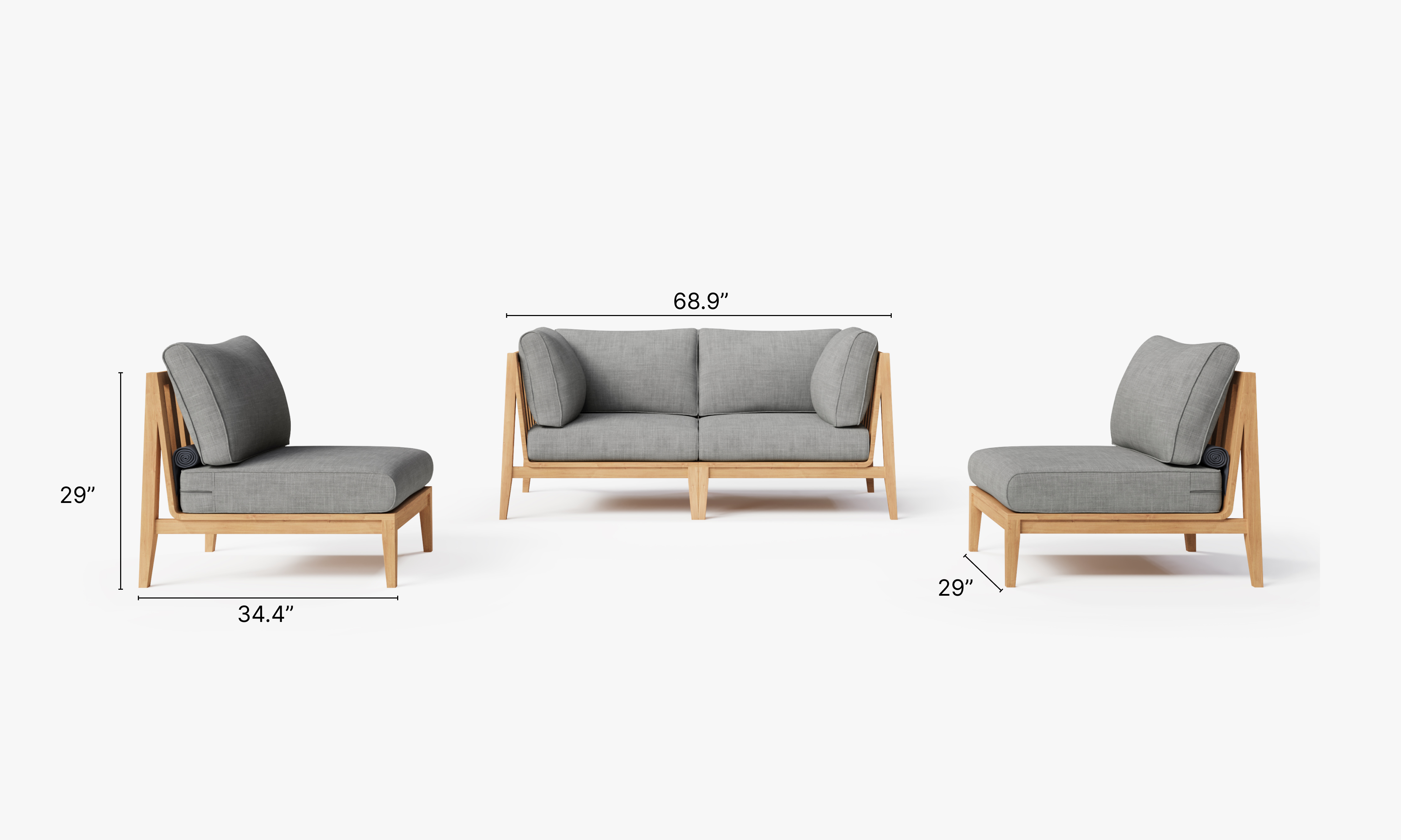 Teak outdoor loveseat with armless design featuring white cushions on a wooden deck surrounded by greenery.-teak outdoor sofa-outer #color_pacific fog gray