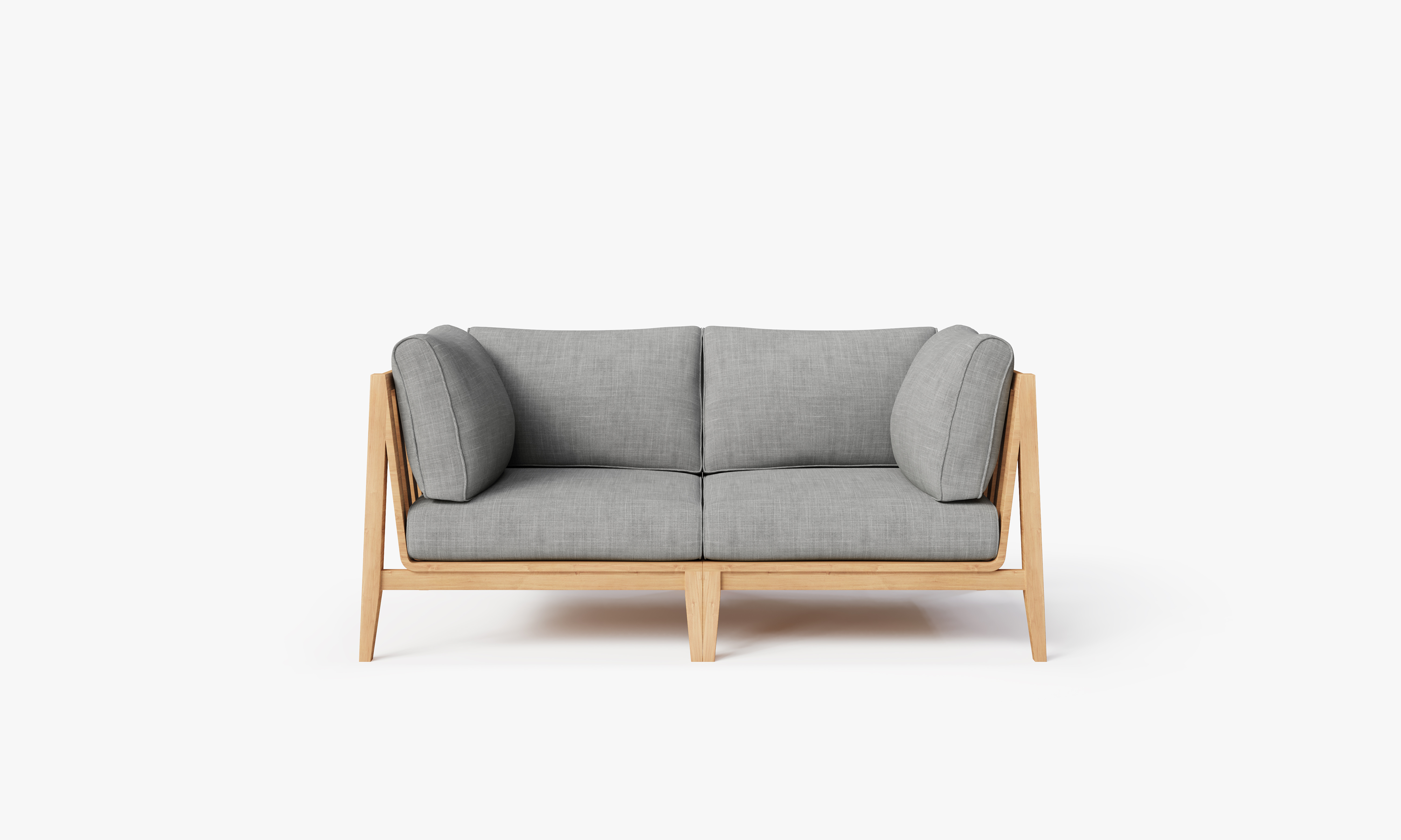 Teak outdoor loveseat with gray cushions, featuring a sturdy wooden frame and clean, modern design, ideal for patio or garden seating.-teak outdoor sofa-outer #color_pacific fog gray