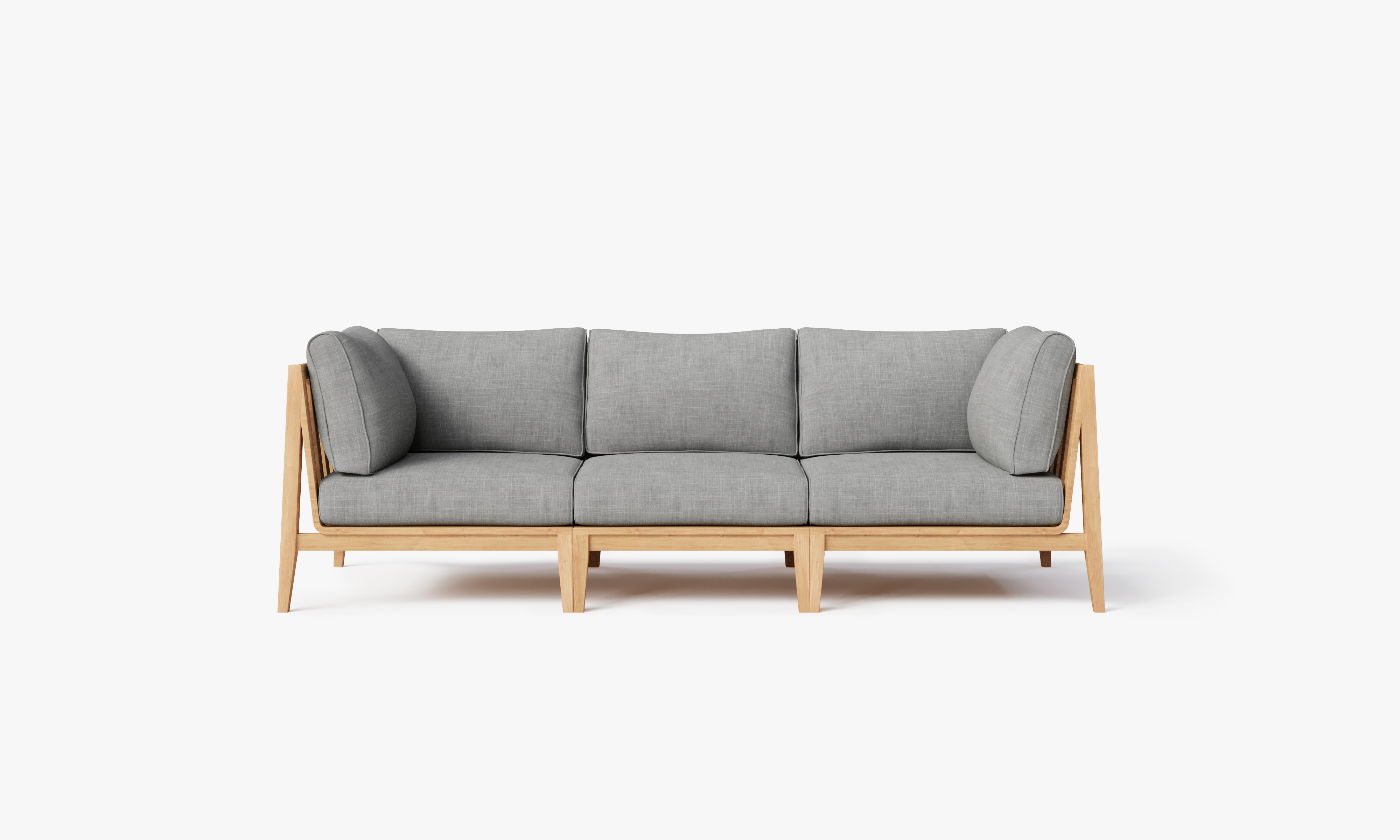 Teak outdoor sofa with a 3-seat design, featuring gray cushions and a sturdy wooden frame.-teak outdoor sofa-outer #color_pacific fog gray