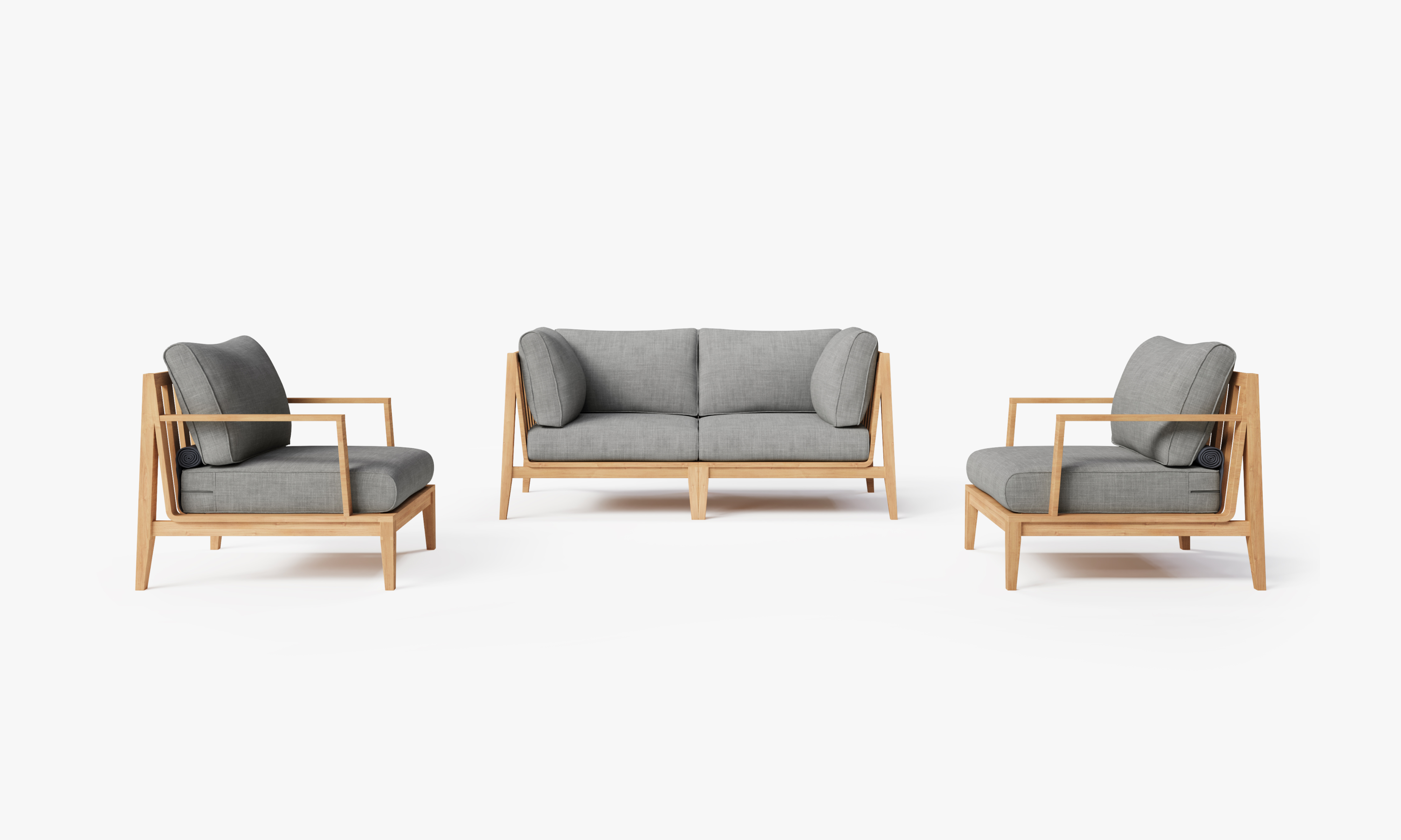Teak outdoor sofa with two matching armchairs, featuring gray cushions and a sturdy wooden frame, arranged on a patio.-teak outdoor sofa-outer 
#color_pacific fog gray