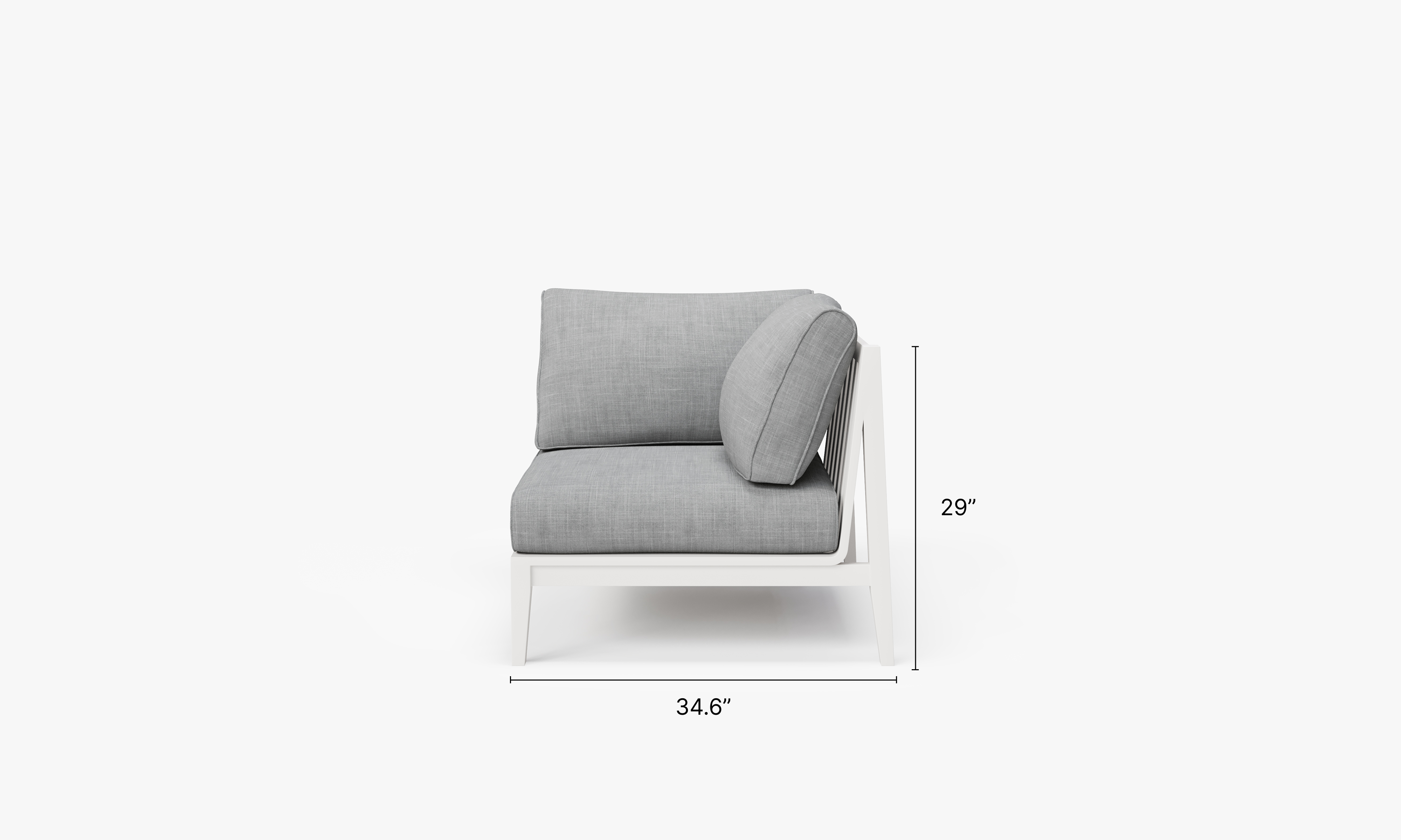 White Aluminum Outdoor Corner Chair - Left dimensions in inches, also listed under Dimensions and Weights. #color_pacific fog gray