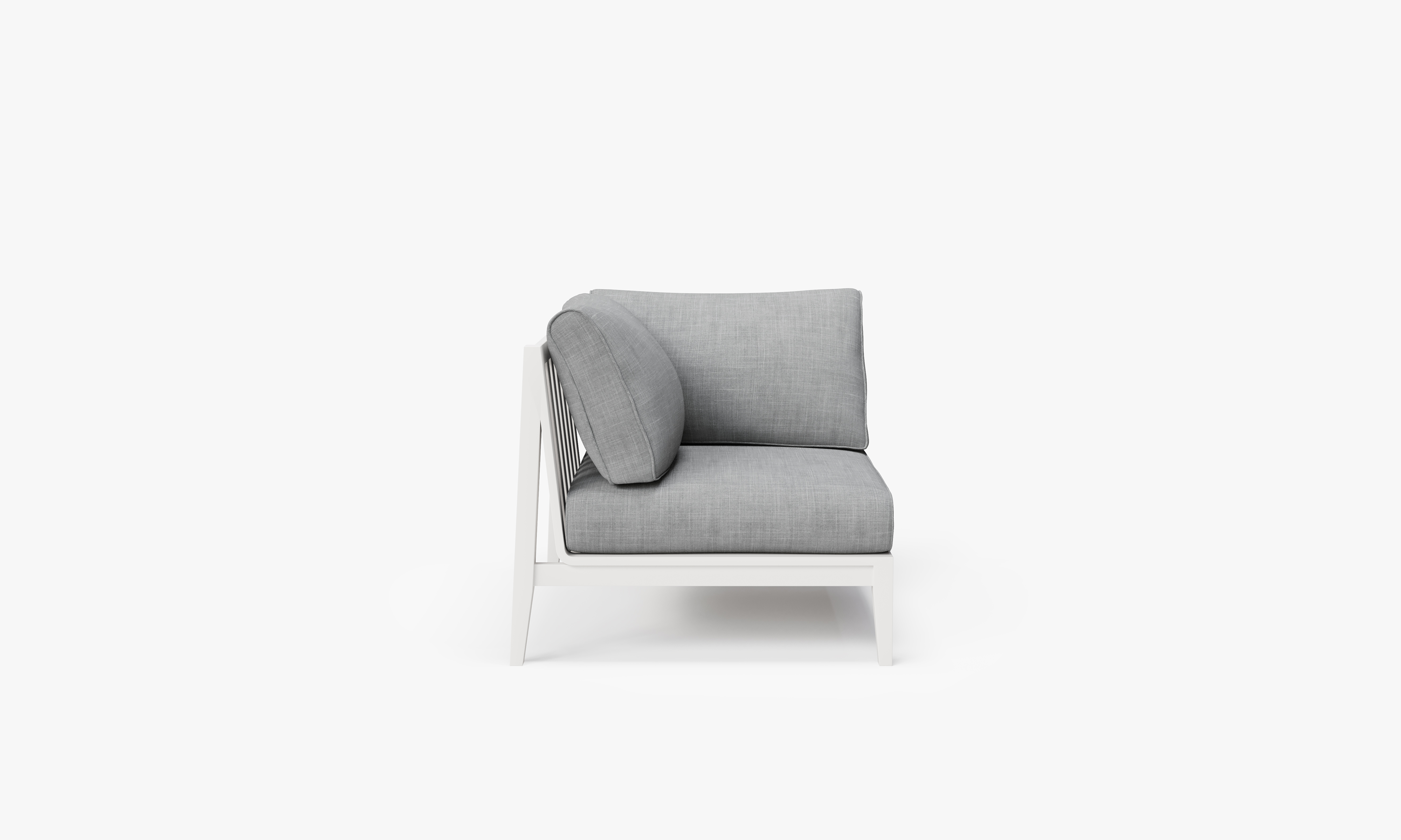White Aluminum Outdoor Corner Chair - Right, front. Comfortable, durable, and weather resistant outdoor seating with memory foam. #color_pacific fog gray