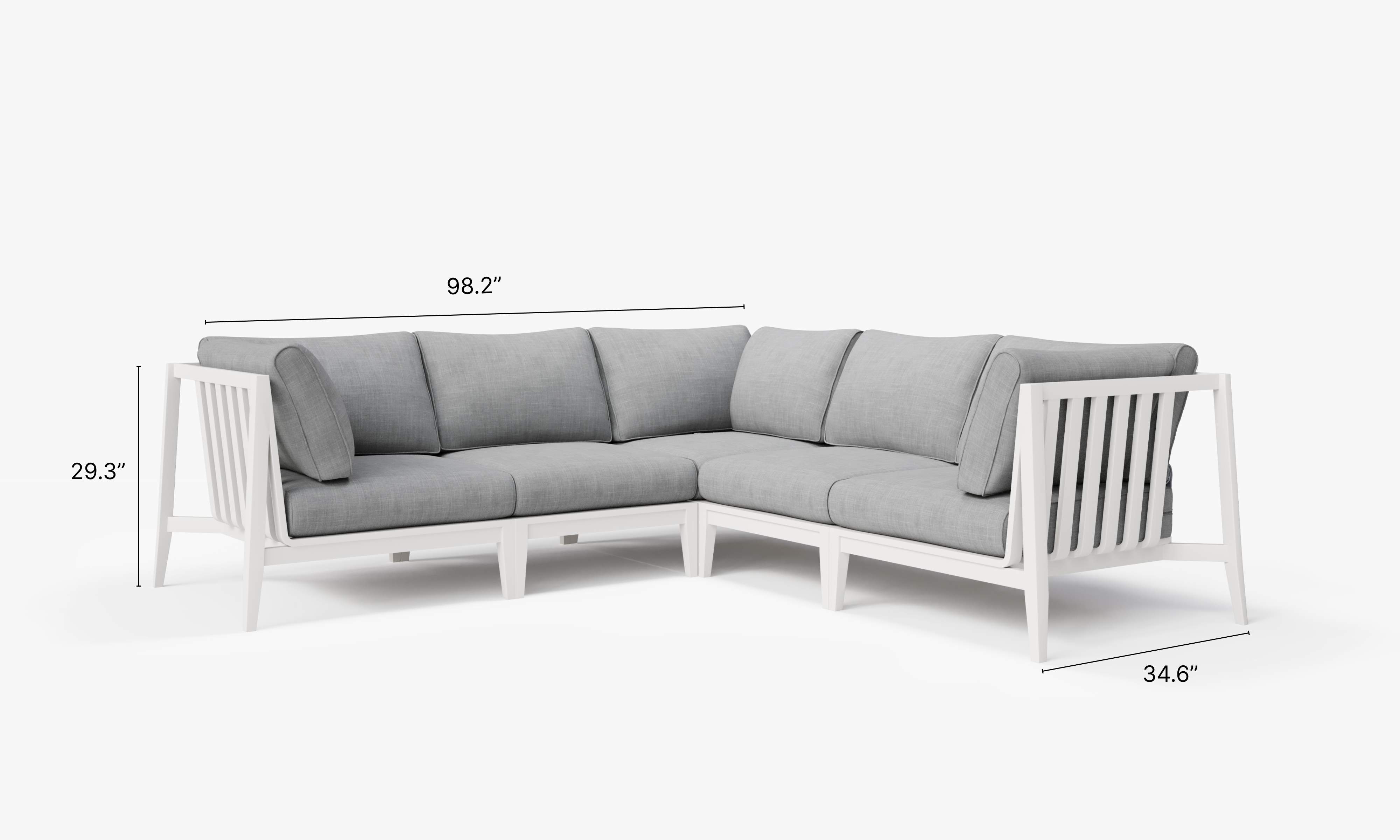 White Aluminum Outdoor Corner Sectional - 5 Seat dimensions in inches, also listed under Dimensions and Weights. #color_pacific fog gray