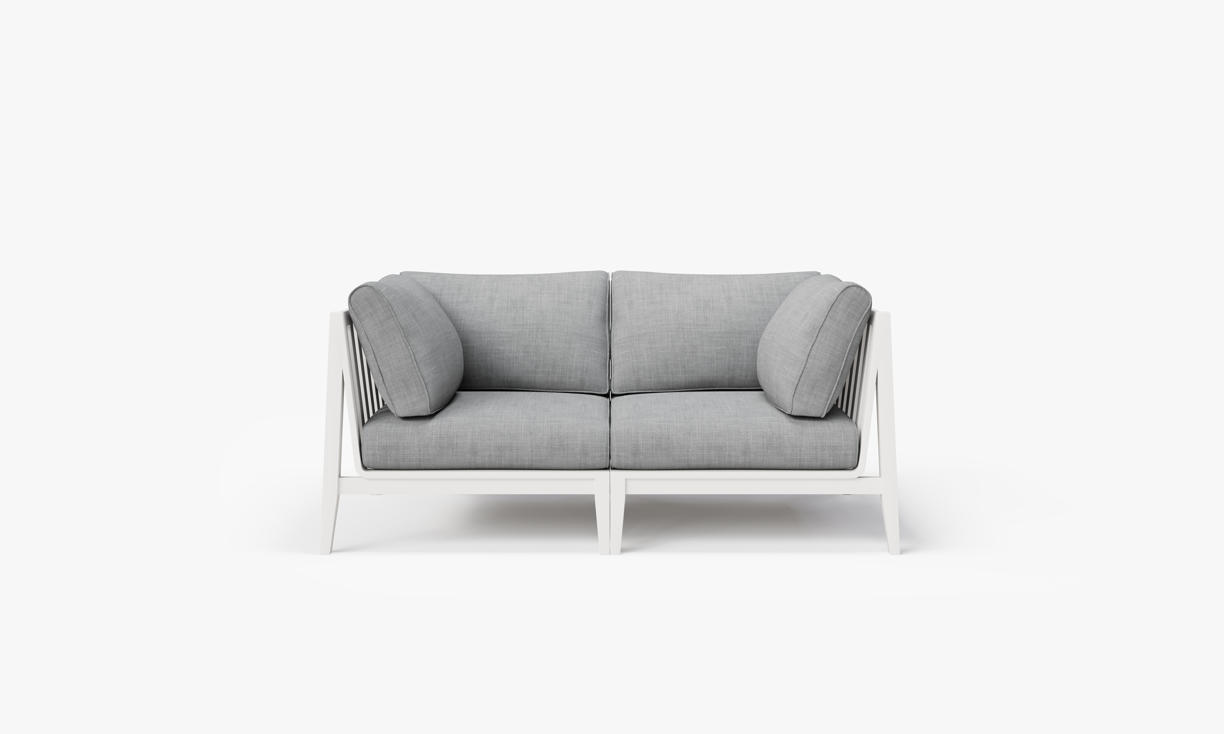 White Aluminum Outdoor Loveseat, front. Comfortable, durable, and weather resistant outdoor seating with memory foam. #color_pacific fog gray