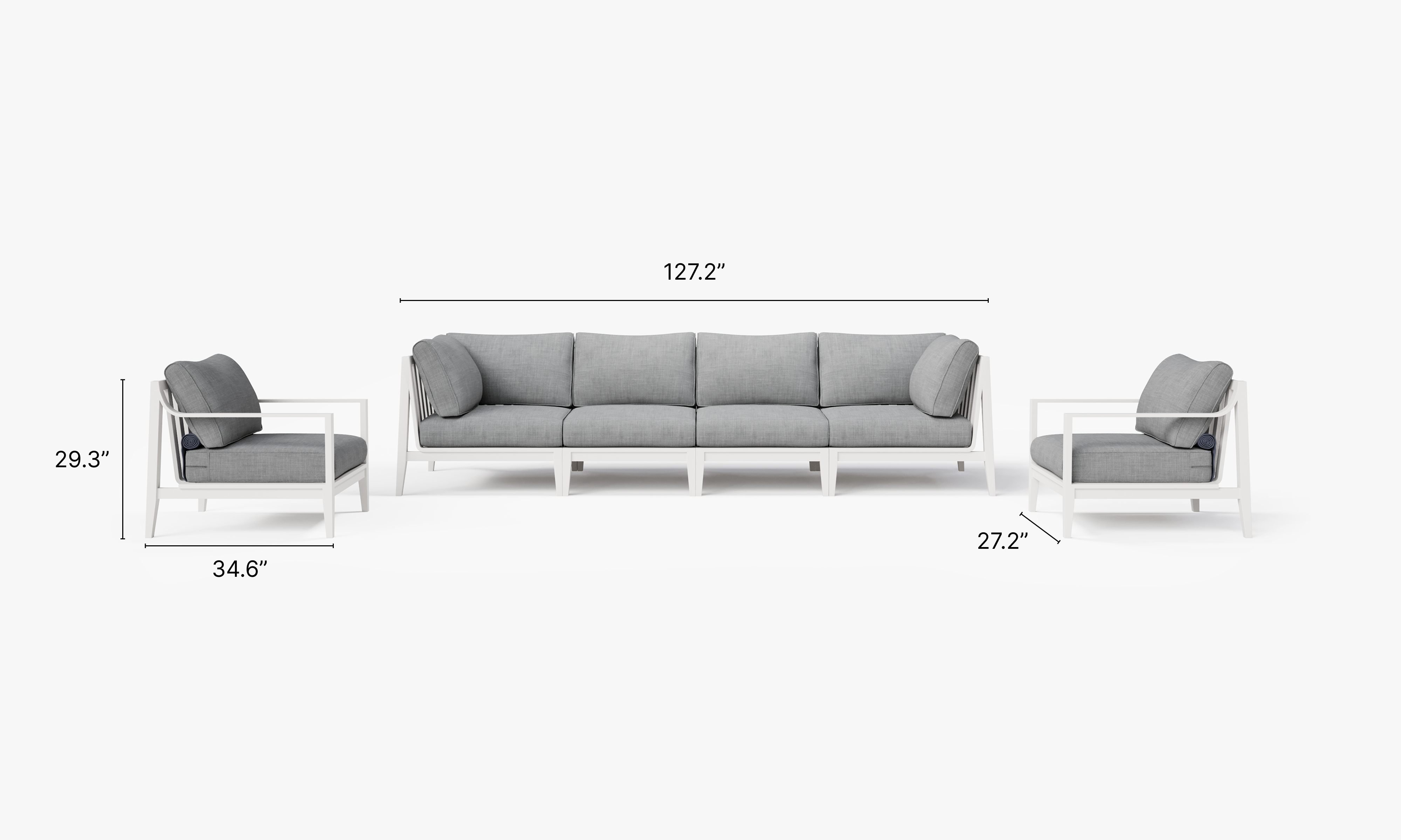 White Aluminum Outdoor Sofa with Armchairs - 6 Seat dimensions in inches, also listed under Dimensions and Weights. #color_pacific fog gray