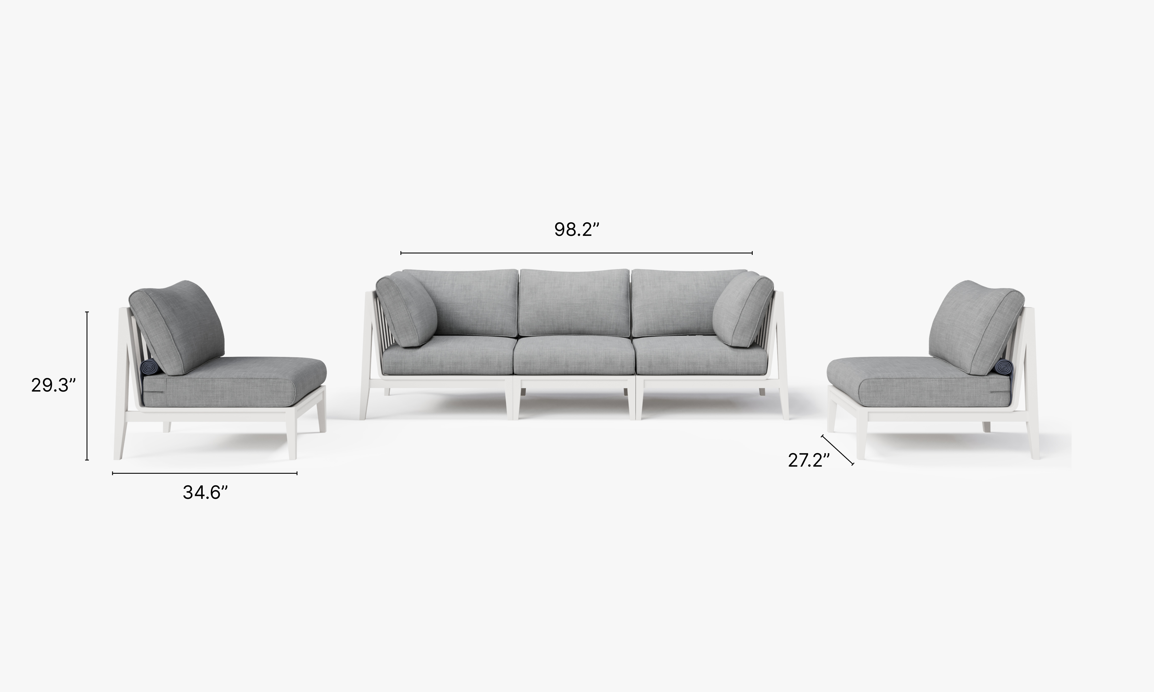 White Aluminum Outdoor Sofa with Armless Chairs - 5 Seat dimensions in inches, also listed under Dimensions and Weights. #color_pacific fog gray