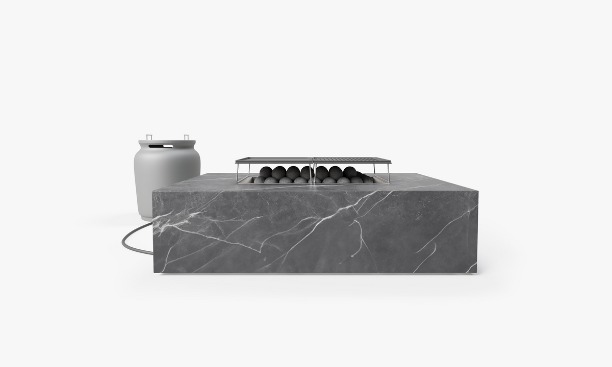 Rectangular OuterStone fire pit cooking set with propane tank cover