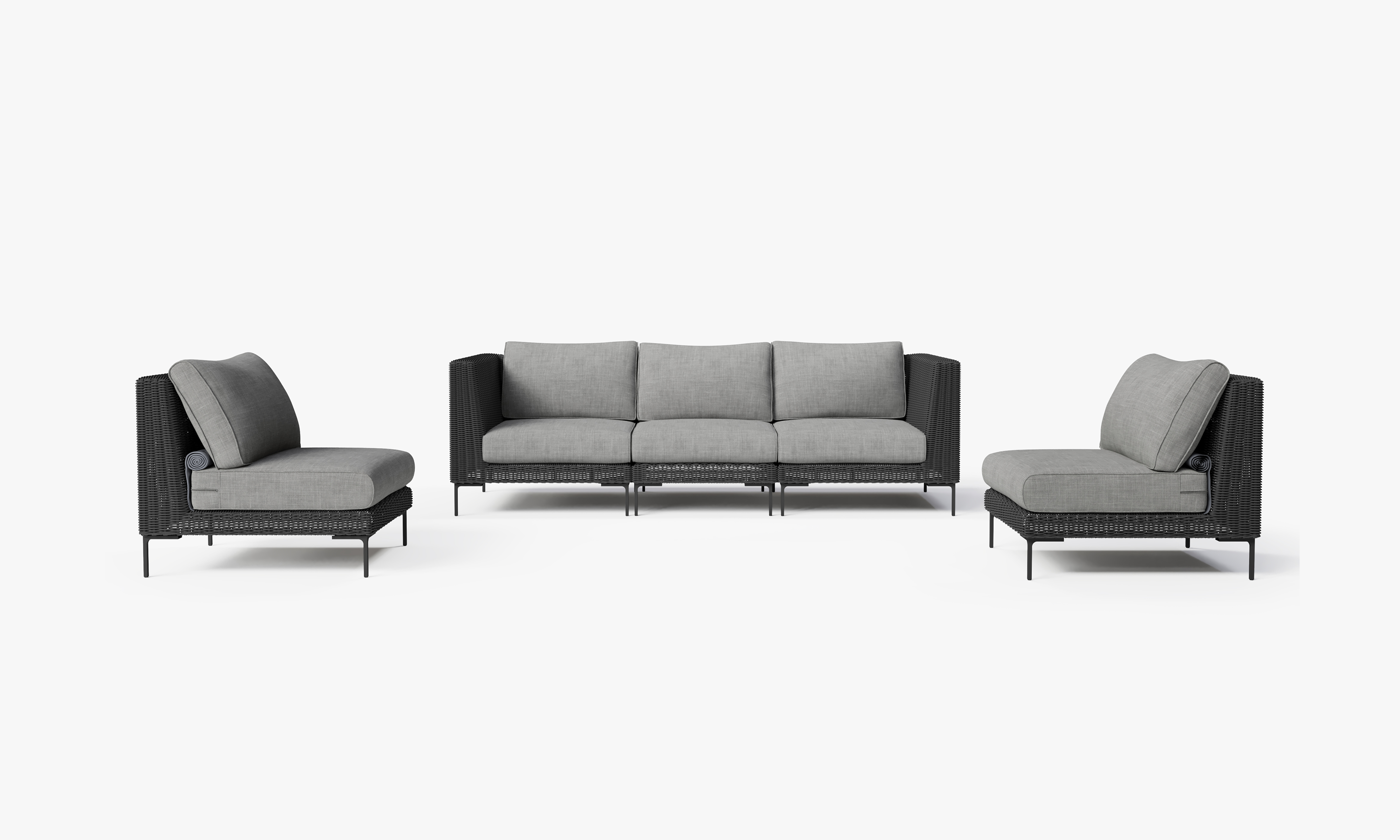 Black Wicker Outdoor Sofa with Armless Chairs - 5 Seat, front. Comfortable, durable, and weather resistant outdoor seating with memory foam. #color_pacific fog gray