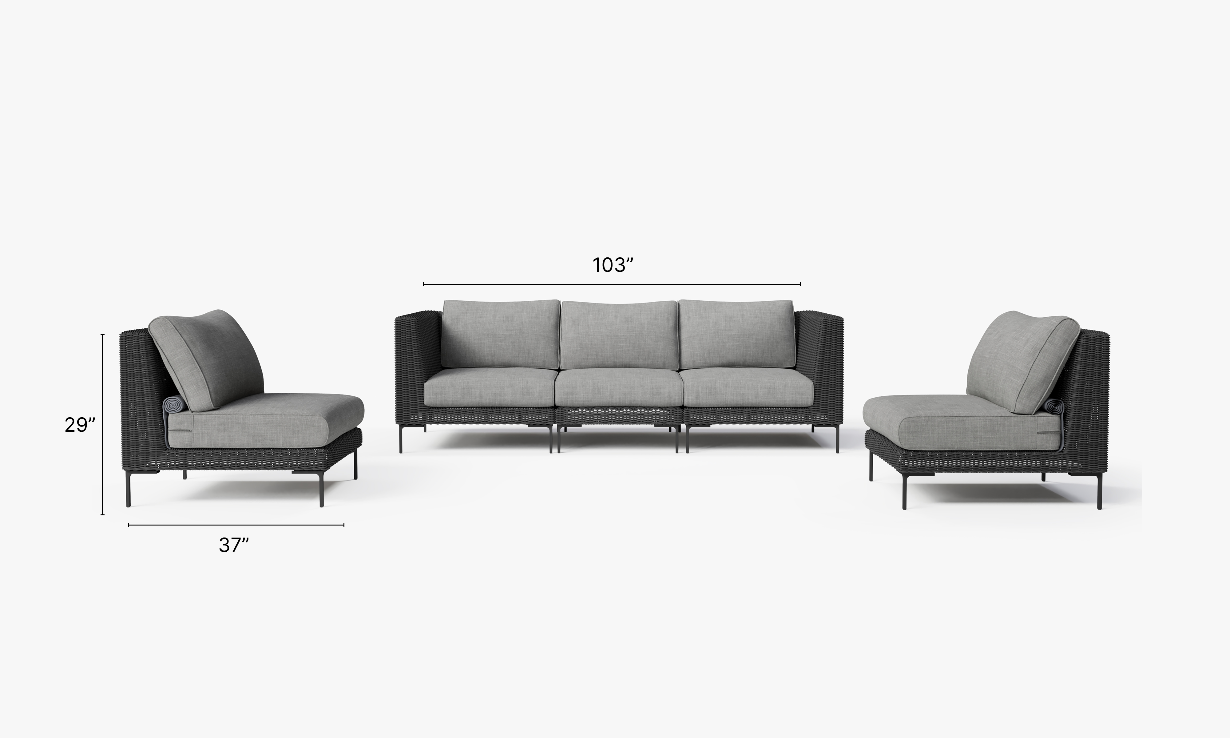 Black Wicker Outdoor Sofa with Armless Chairs - 5 Seat #color_pacific fog gray