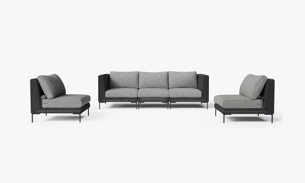 Handwoven Black Wicker Outdoor Sofa with Armless Chairs, five-seat configuration