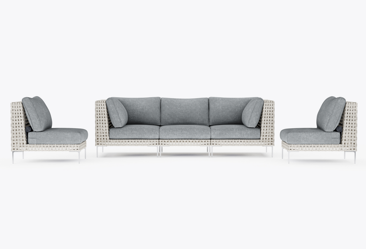 Handwoven Open Weave Wicker Outdoor Sofa with Armless Chairs, five-seat configuration