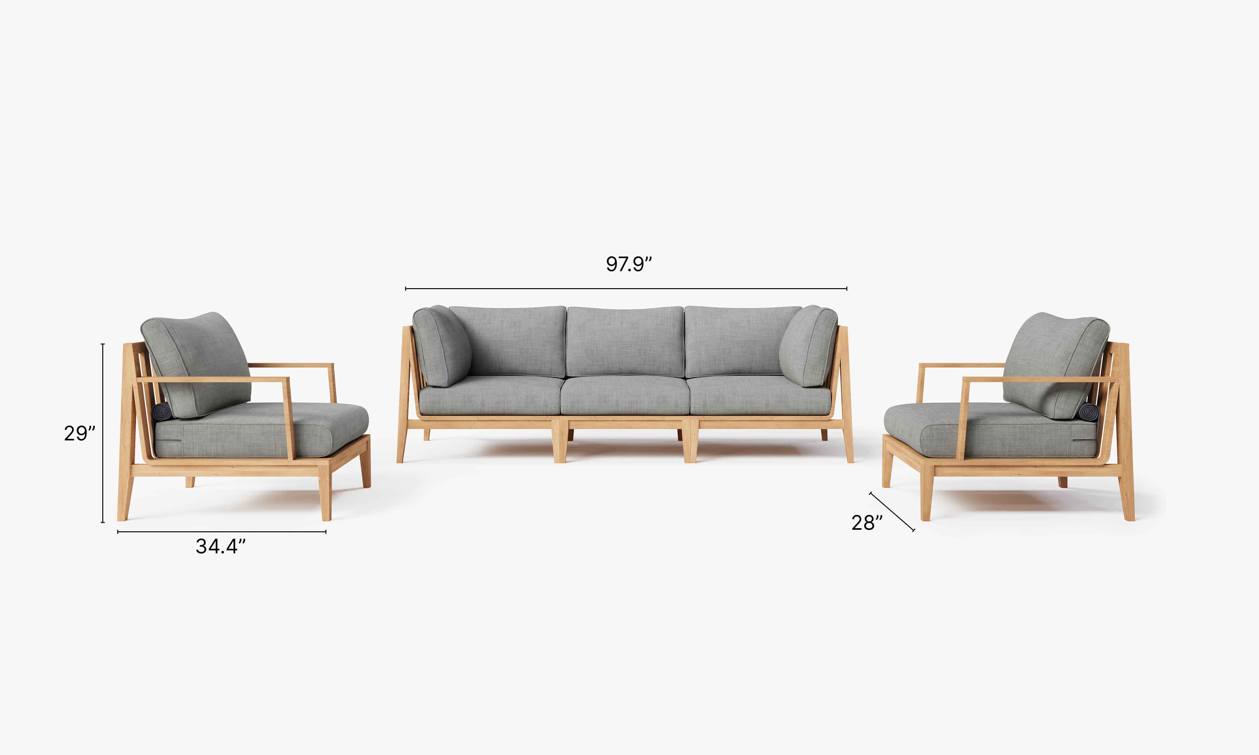 Outdoor seating set featuring a teak sofa with matching armchairs, all designed for durability and comfort.-teak outdoor sofa-outer #color_pacific fog gray