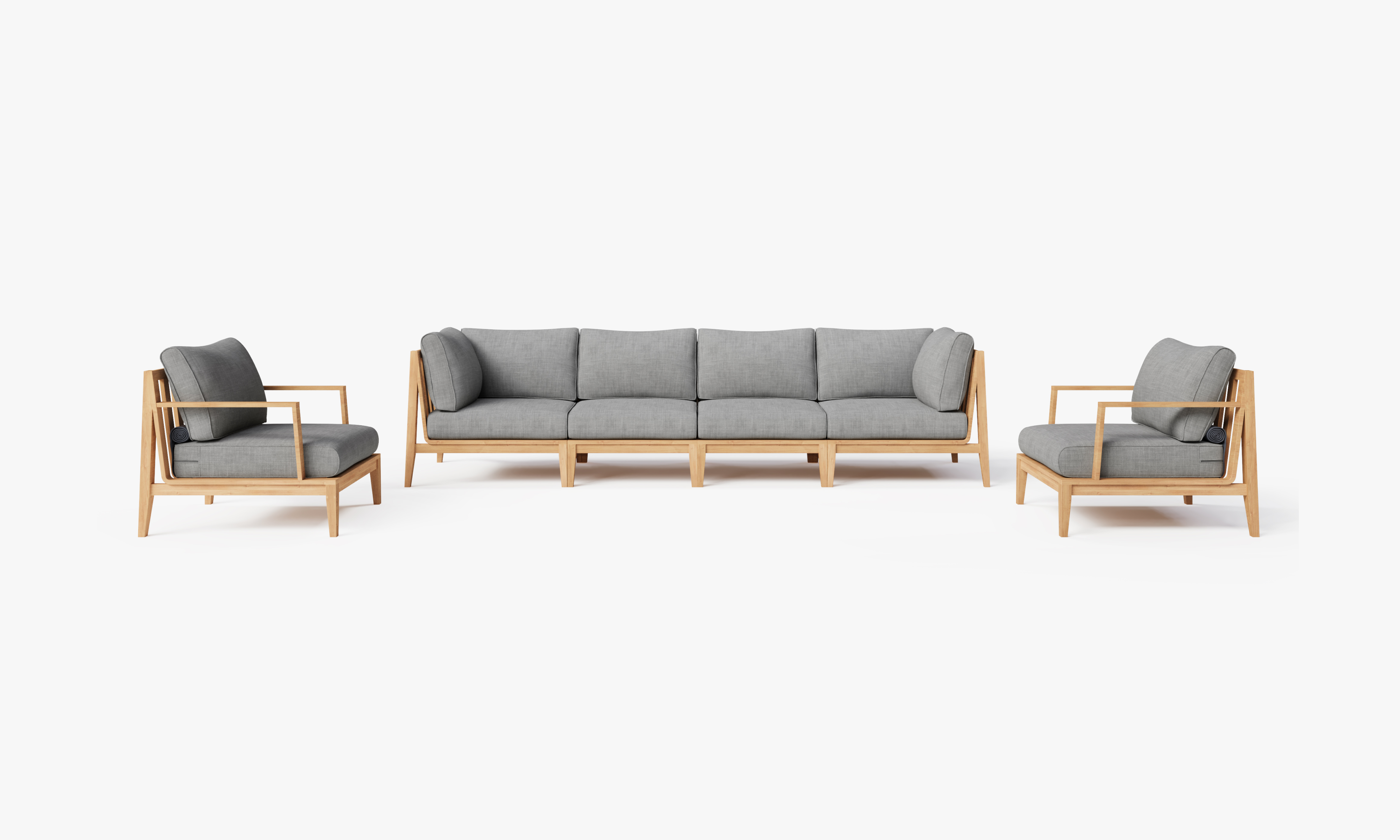 Teak outdoor sofa with matching armchairs featuring gray cushions arranged on a wooden deck.-teak outdoor sofa-outer #color_pacific fog gray