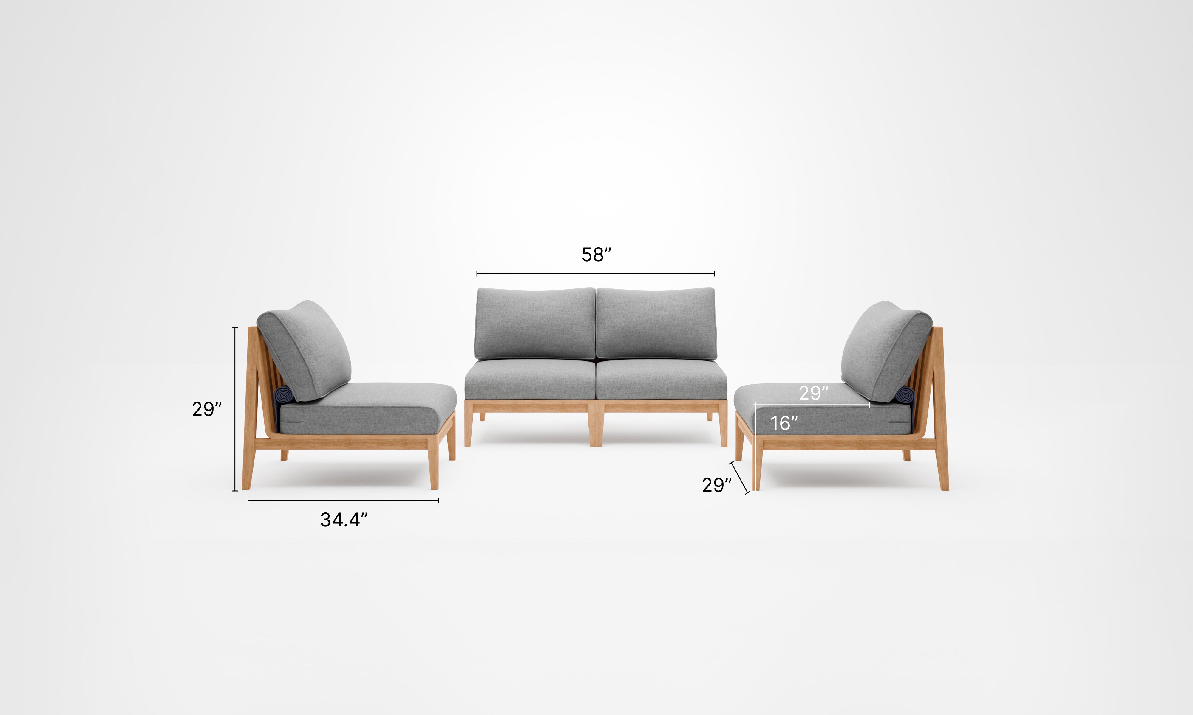Teak outdoor loveseat with armless design featuring white cushions on a wooden deck surrounded by greenery.-teak outdoor sofa-outer #color_pacific fog gray