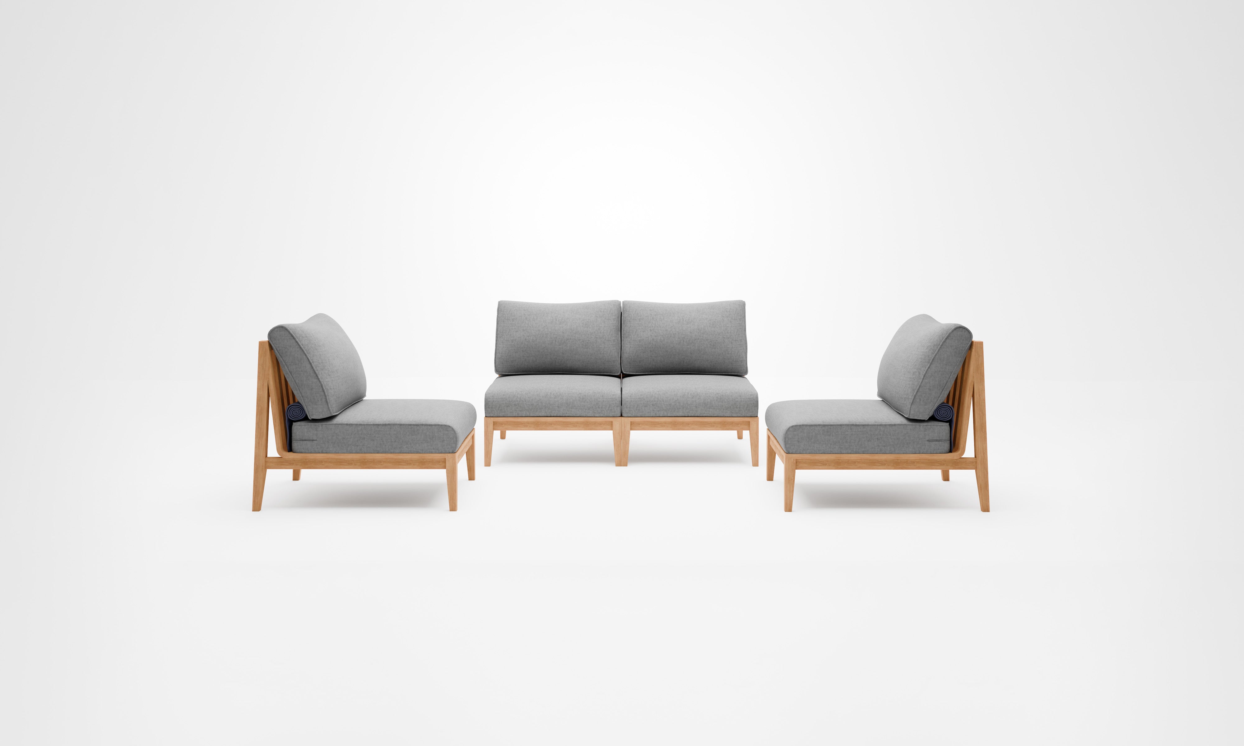Teak outdoor loveseat with armless chairs, featuring gray cushions and a sturdy wooden frame, arranged on a patio.-teak outdoor sofa-outer #color_pacific fog gray
