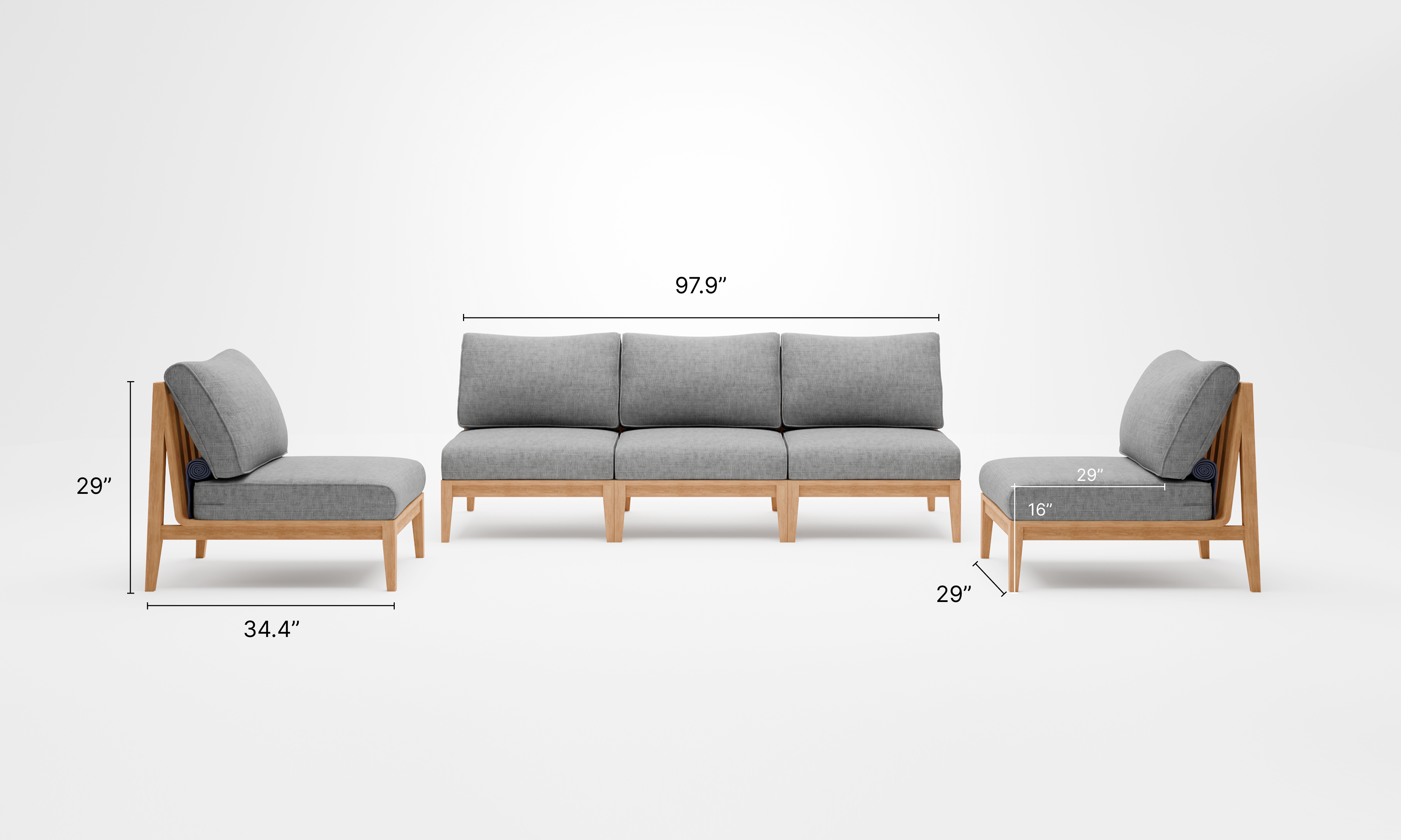 A teak outdoor sofa with armless design, featuring white cushions and a slatted wooden frame, placed on a patio with greenery in the background.-teak outdoor sofa-outer #color_pacific fog gray