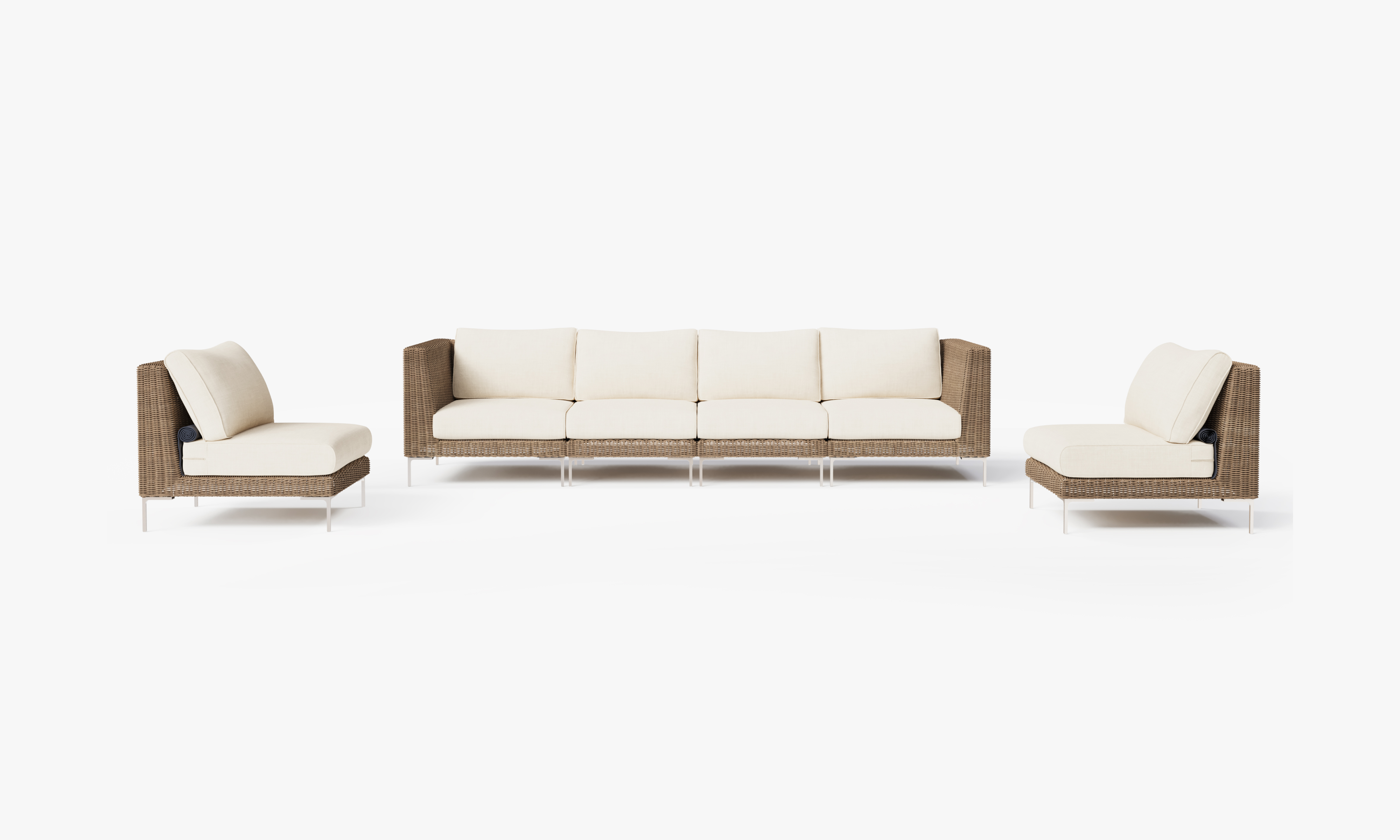 Brown Wicker Outdoor Sofa with Armless Chairs - 6 Seat, front. Comfortable, durable, and weather resistant outdoor seating with memory foam. #color_palisades cream