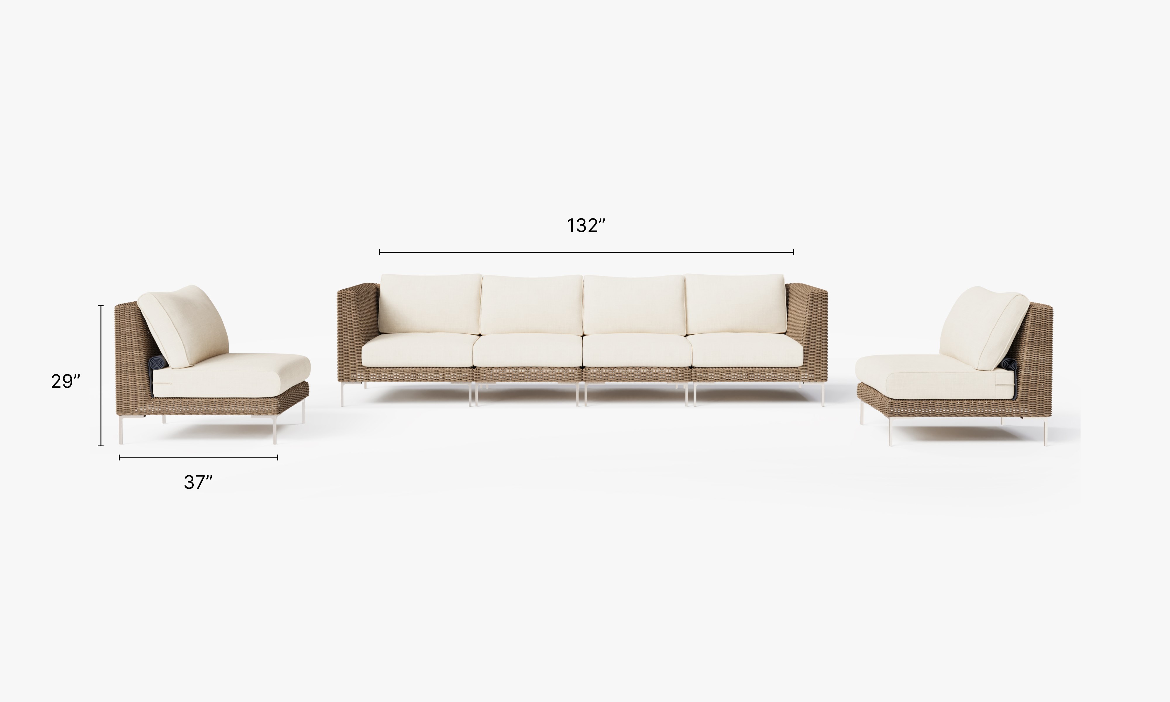 Brown Wicker Outdoor Sofa with Armless Chairs - 6 Seat dimensions in inches, also listed under Dimensions and Weights. #color_palisades cream
