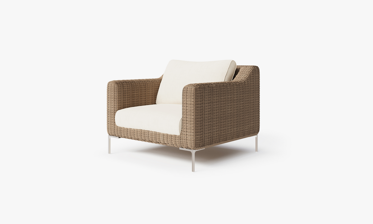 Brown Wicker Outdoor Armchair, front. Comfortable, durable, and weather resistant outdoor seating with memory foam. #color_palisades cream