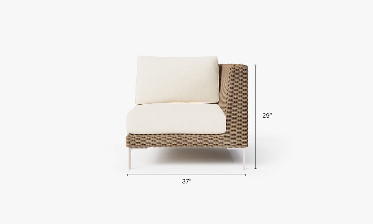 Brown Wicker Outdoor Corner Chair - Left/Right dimensions in inches, also listed under Dimensions and Weights. #color_palisades cream