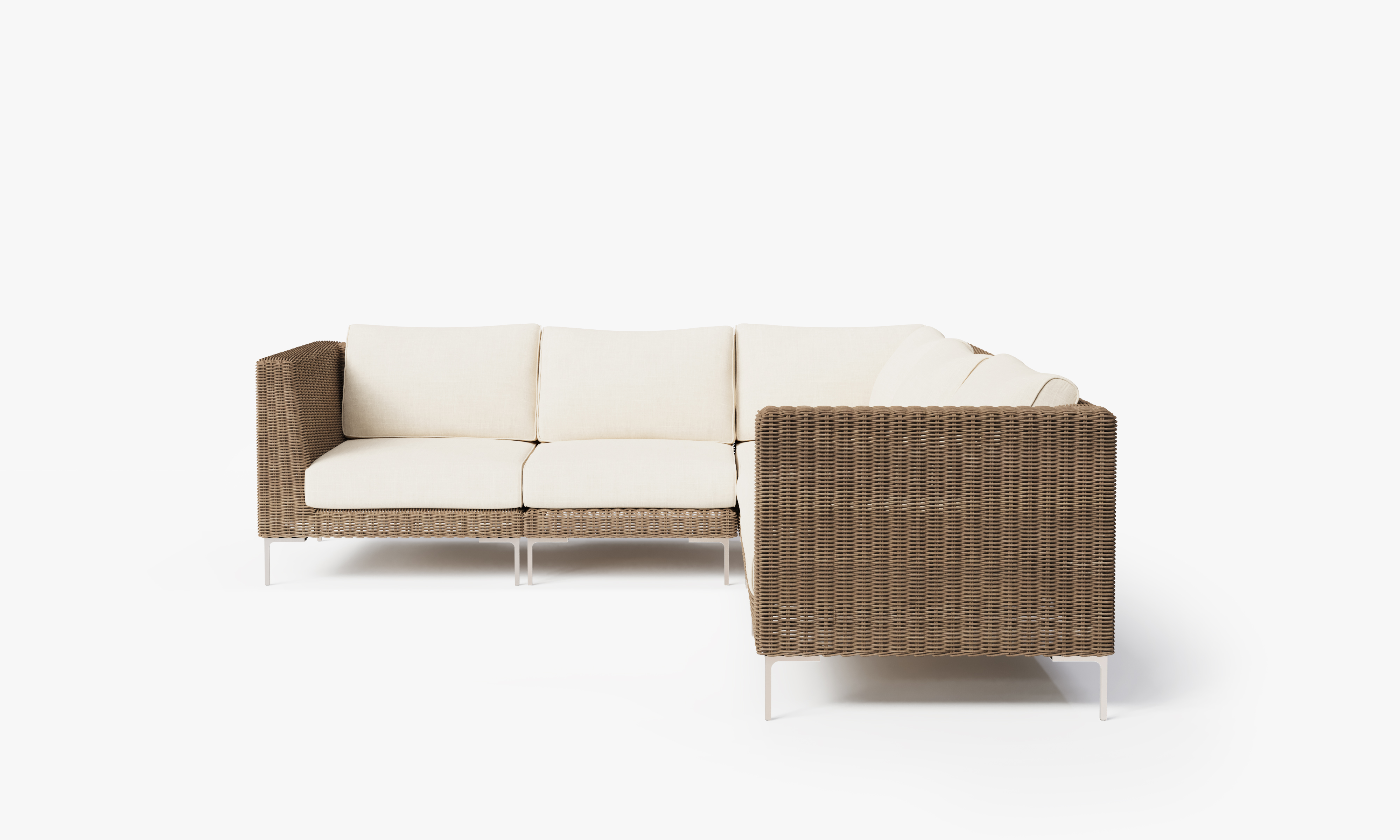 Brown Wicker Outdoor Corner Sectional - 5 Seat, front. Comfortable, durable, and weather resistant outdoor seating with memory foam. #color_palisades cream